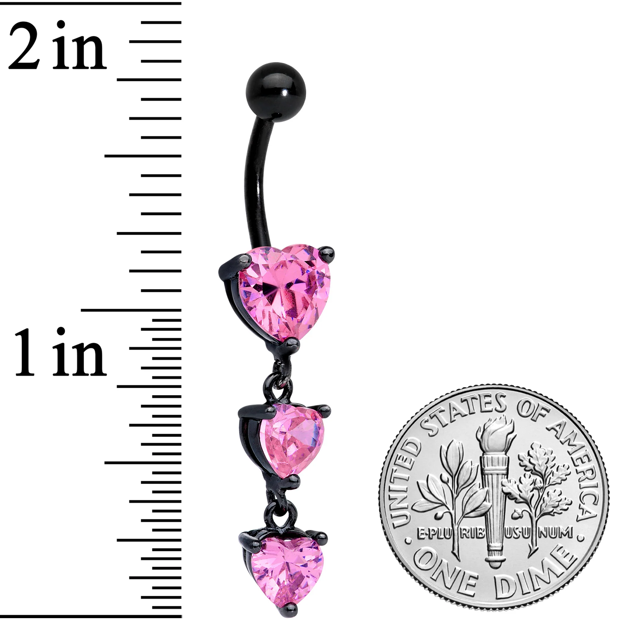 Pink CZ Gem Black Triple Heart Dangle Belly Ring - Image 3