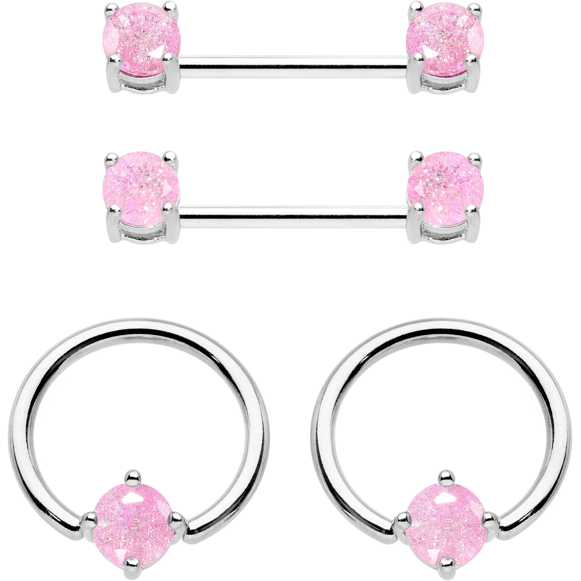 14G Pink CZ Gem BCR Captive Ring Barbell Nipple Ring Set