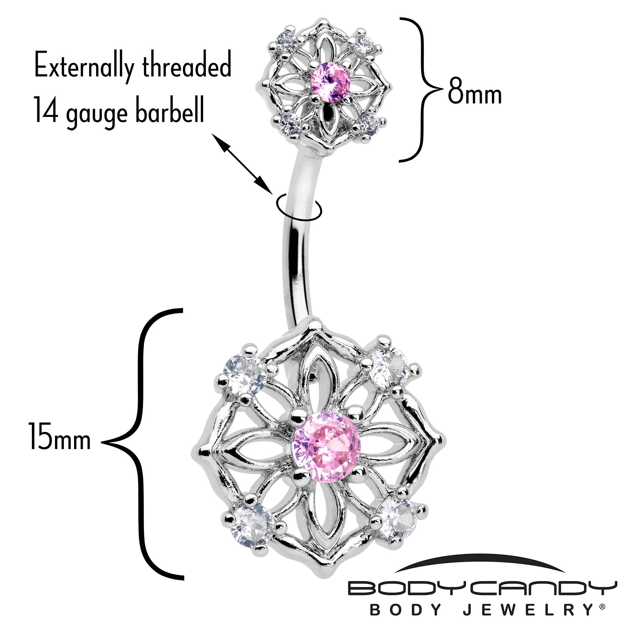 Pink CZ Gem Flower Circle Double Mount Belly Ring - Image 2