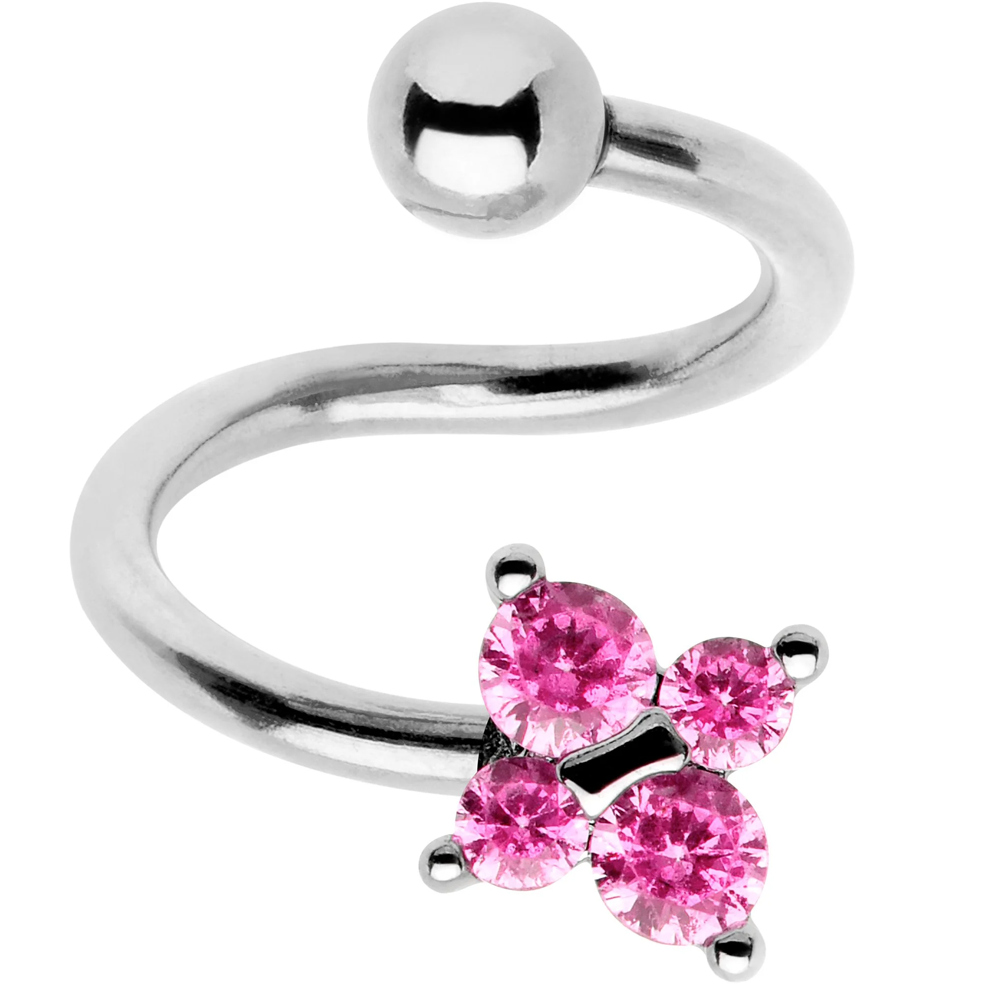 Pink CZ Gem Flower Cluster Spiral Twister Top Mount Belly Ring - Image 2