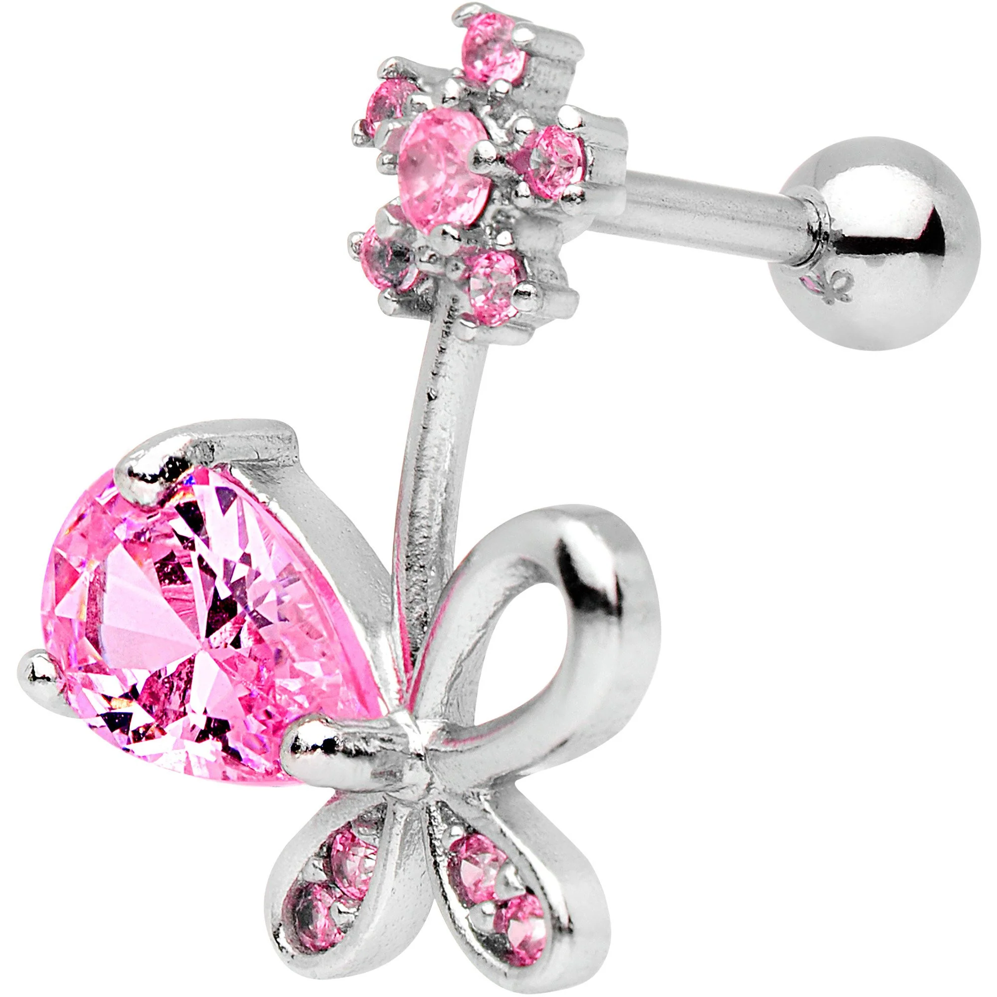 Pink CZ Gem Glamour Bow Left Cartilage Tragus Earring - Image 2