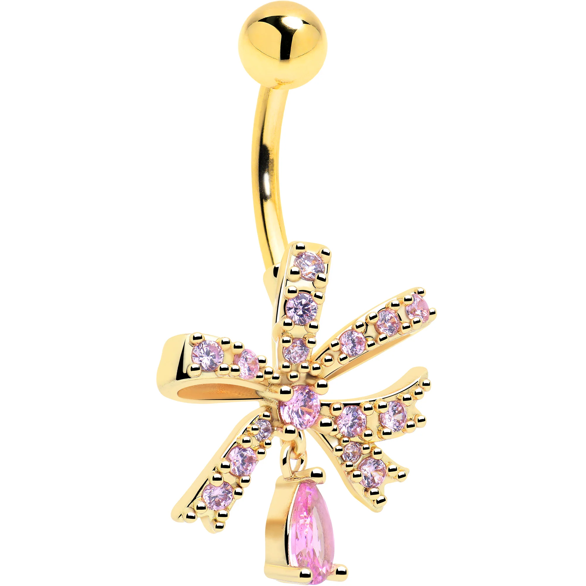 Pink CZ Gem Gold Tone Ribbon Splendor Dangle Belly Ring
