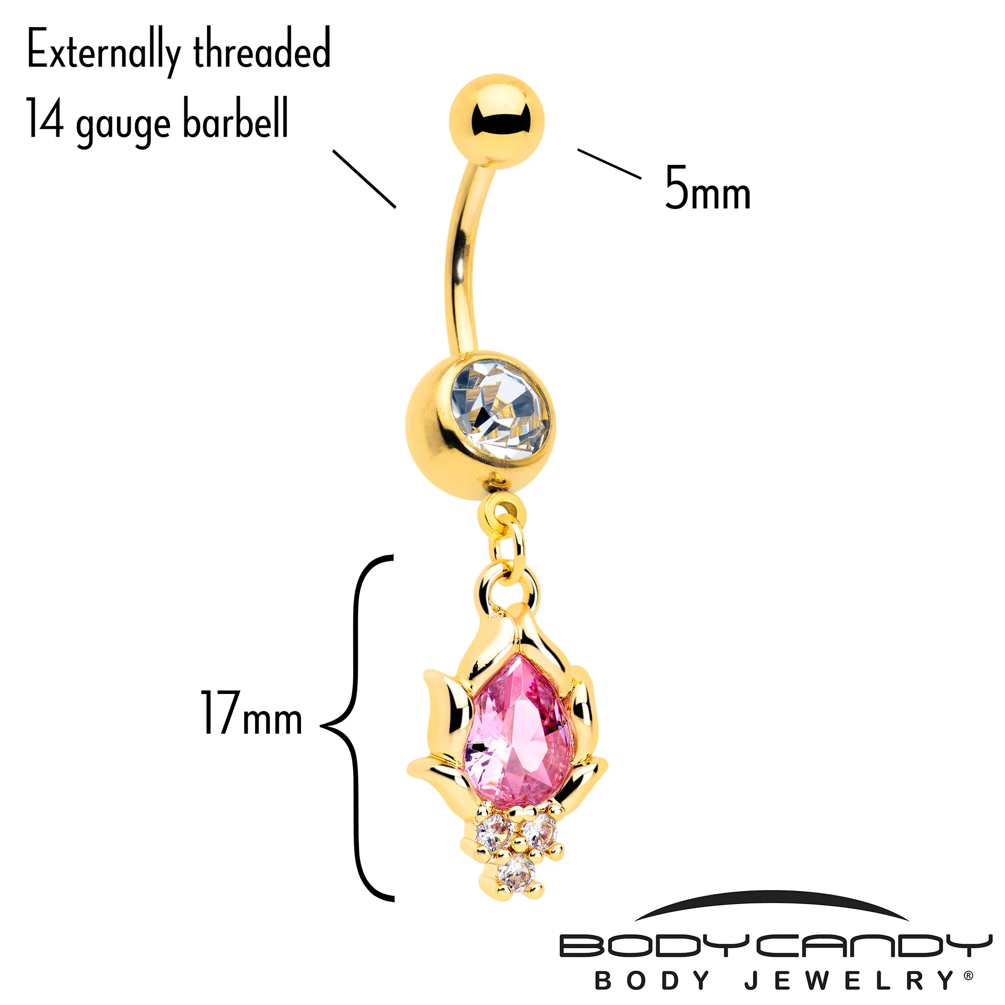 Pink CZ Gem Gold Tone Style Fire Dangle Belly Ring - Image 2