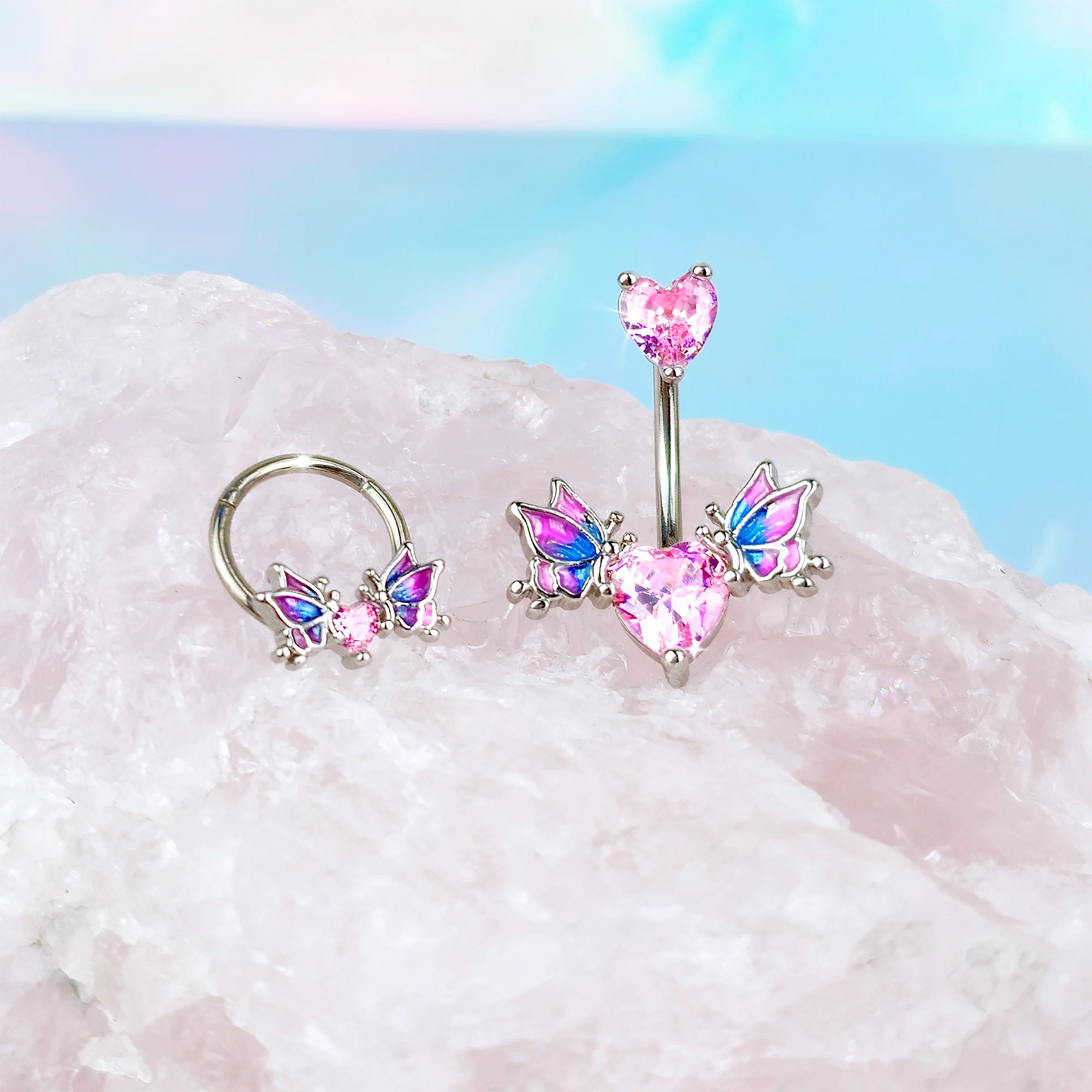 Pink CZ Gem Hearts Butterflies Purple Double Mount Belly Ring - Image 10