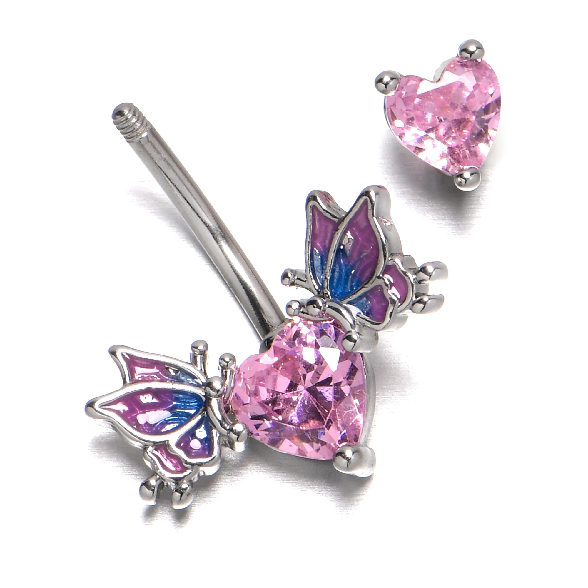 Pink CZ Gem Hearts Butterflies Purple Double Mount Belly Ring - Image 6