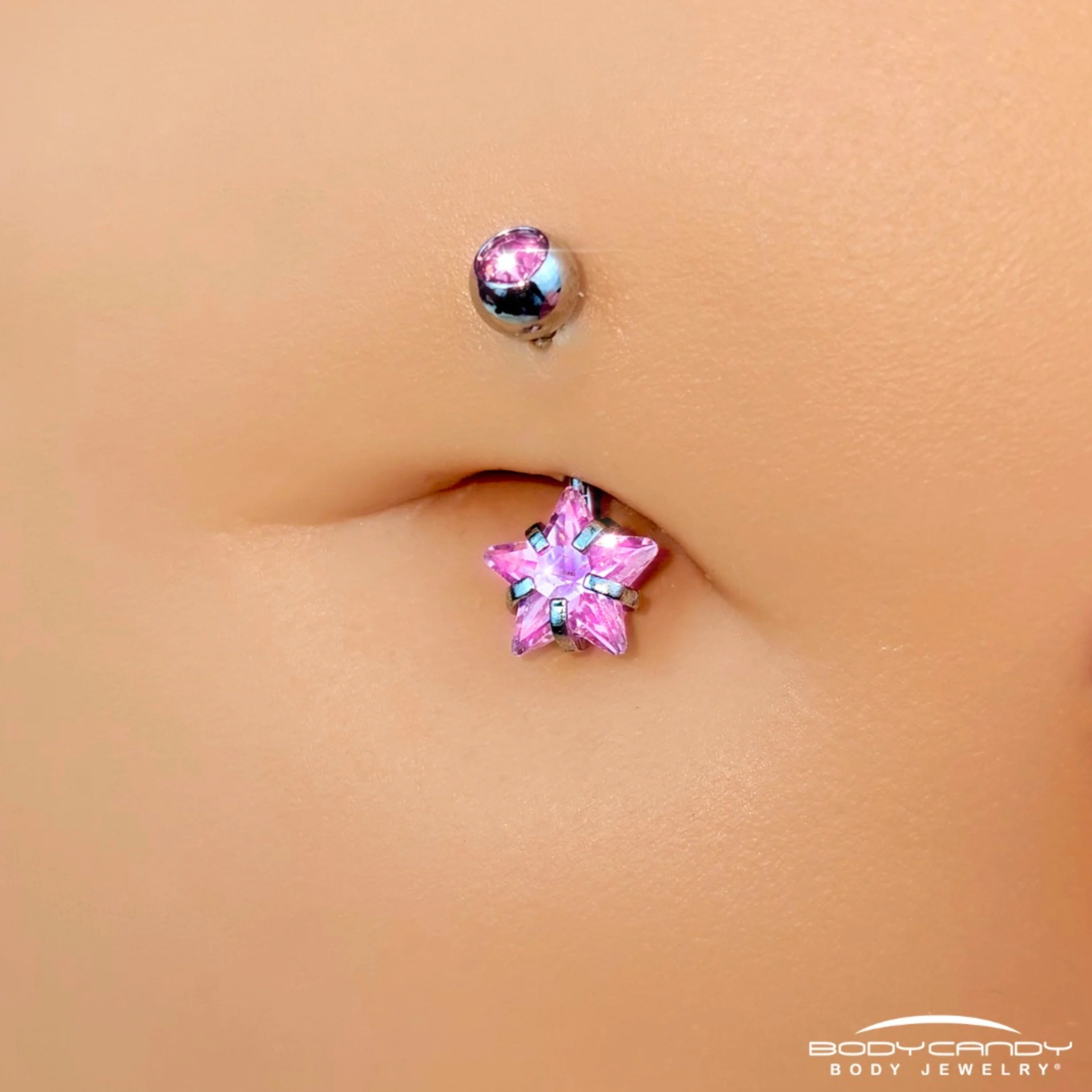 Pink CZ Gem Internally Threaded Simply Star Belly Ring - Image 2