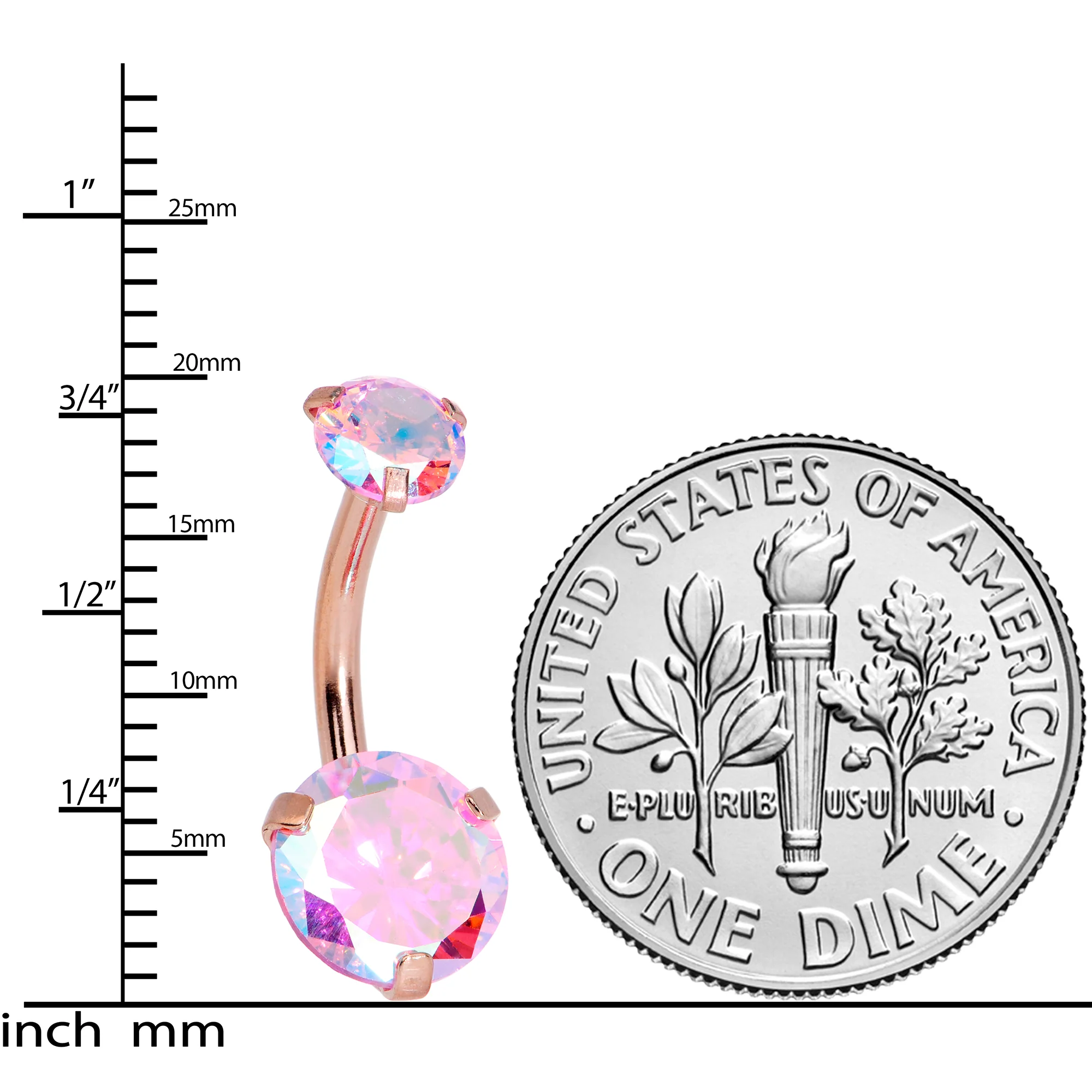 Pink CZ Gem Rose Gold Tone Duo Internally Threaded Belly Ring - Image 3