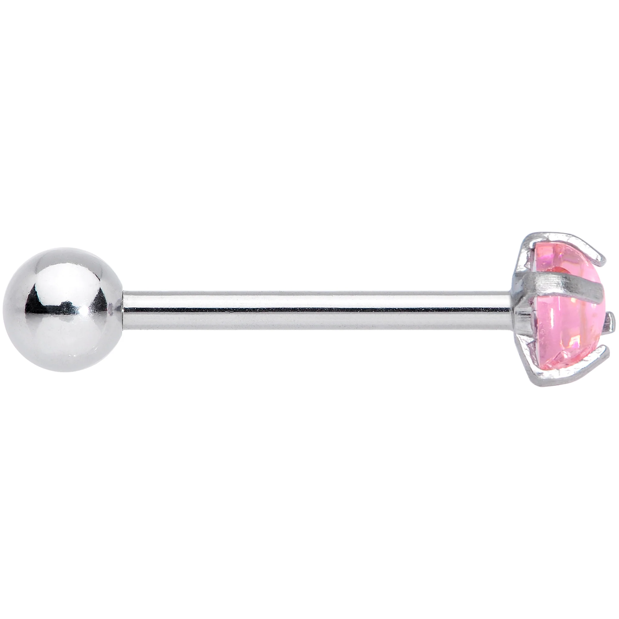 Pink CZ Gem Smooth Hemisphere Barbell Tongue Ring - Image 3