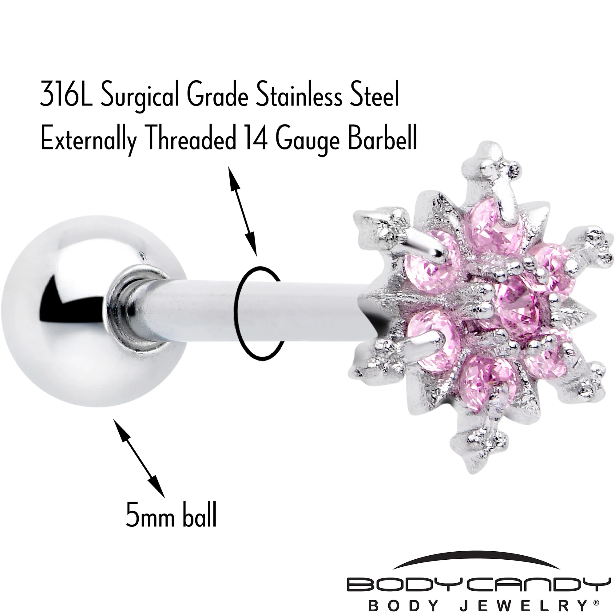 Pink CZ Gem Snowflake Glam Barbell Tongue Ring - Image 2