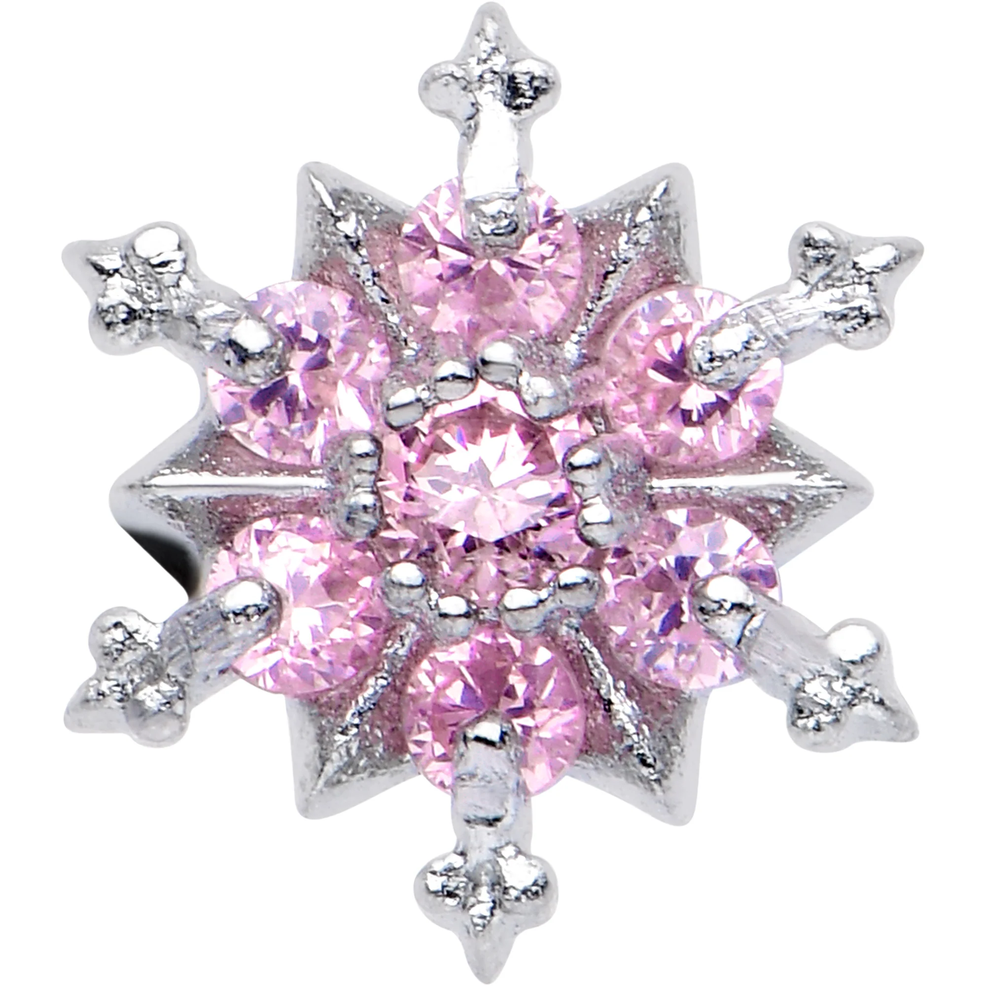 Pink CZ Gem Snowflake Glam Barbell Tongue Ring - Image 3