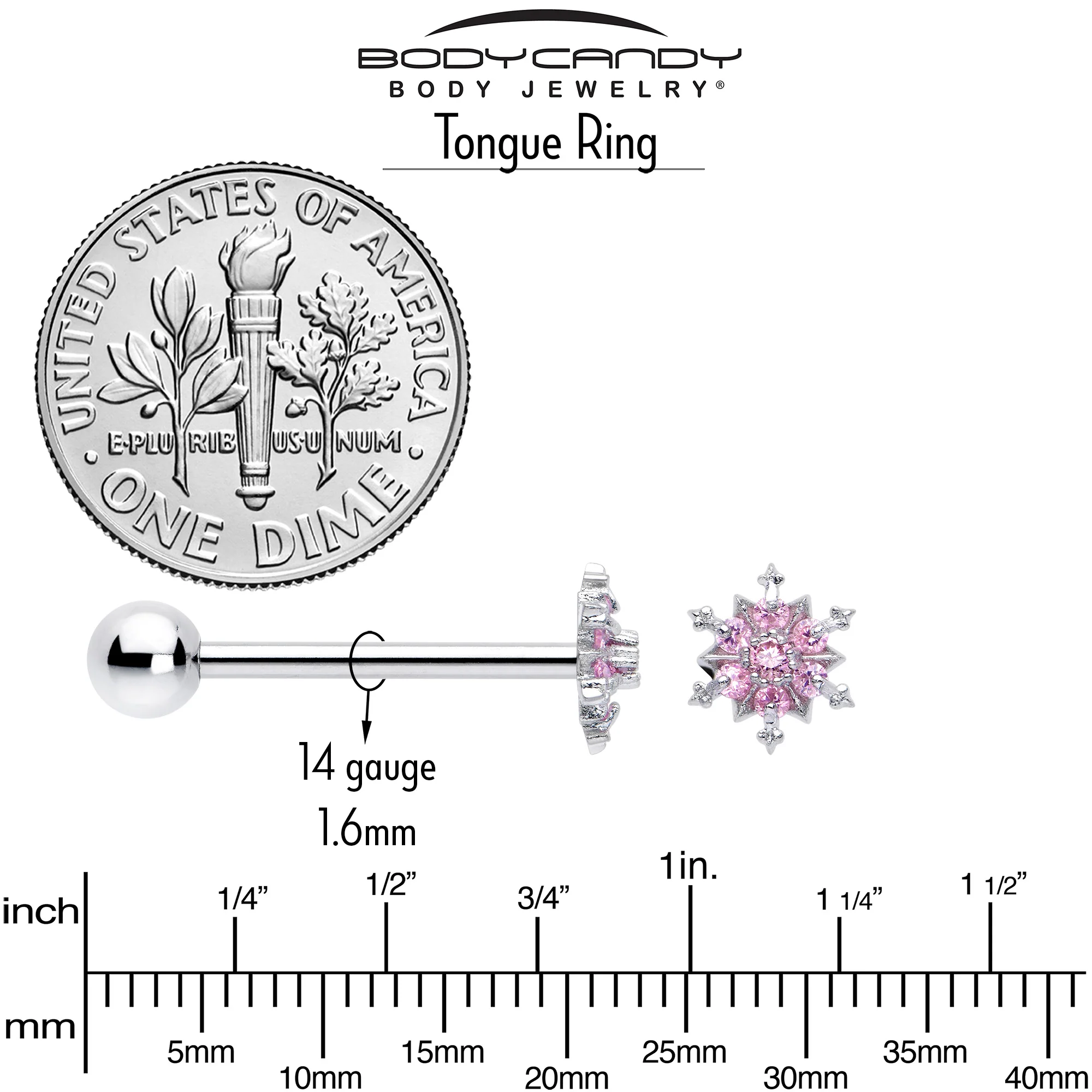 Pink CZ Gem Snowflake Glam Barbell Tongue Ring - Image 5
