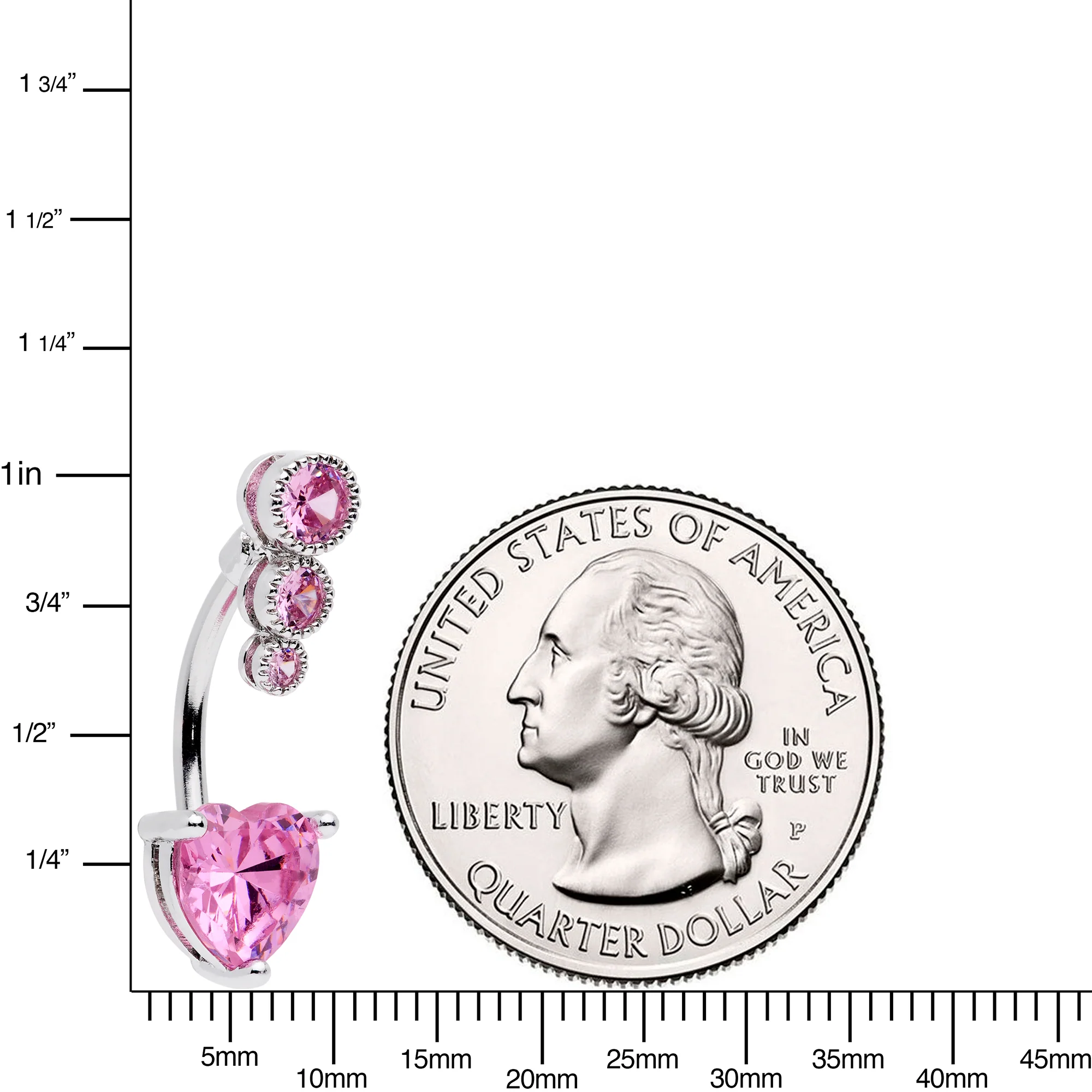 Pink CZ Gem Triple Drop Heart Belly Ring - Image 2