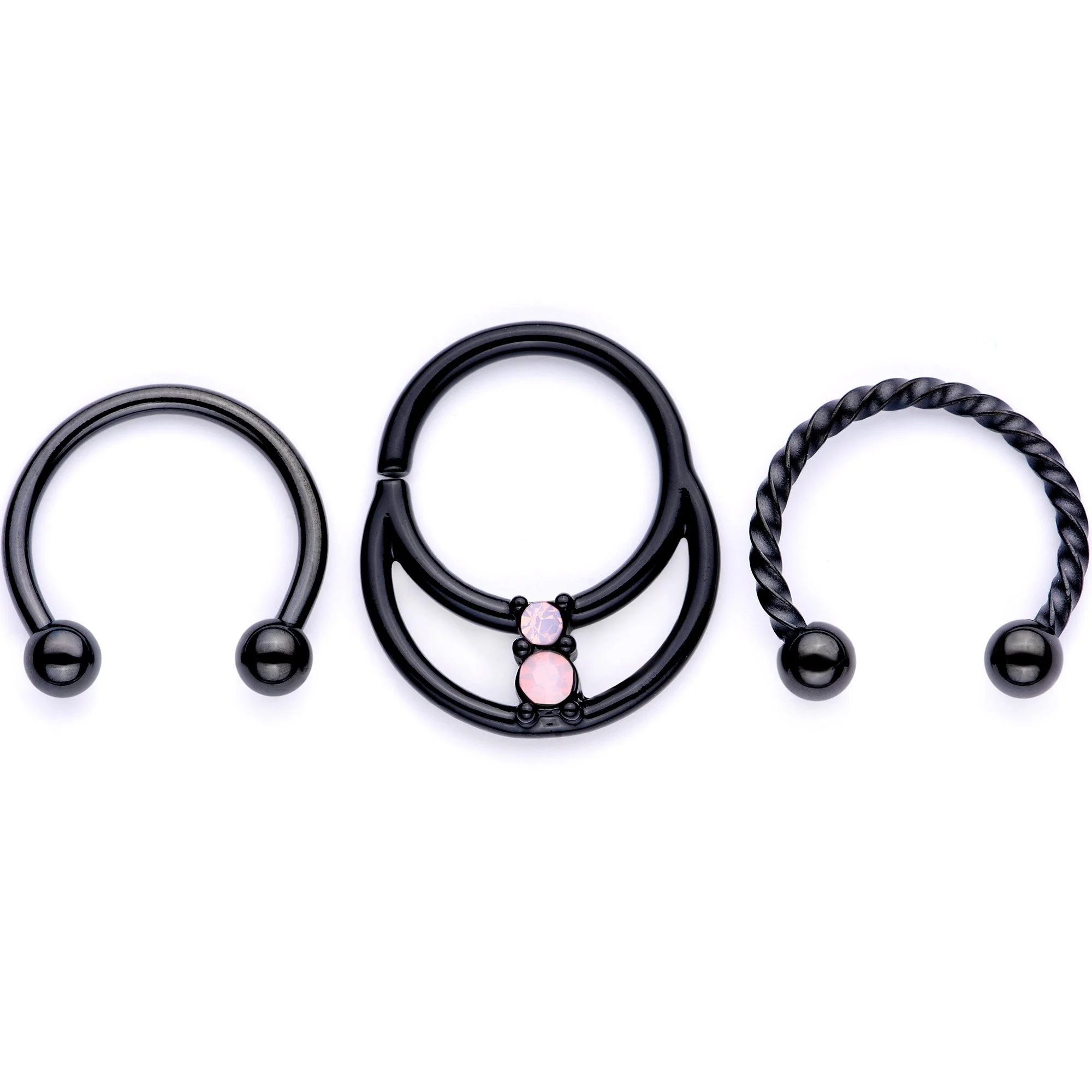 16G 3/8 Pink Faux Opal Black Anodized Horseshoe Closure Ring Set - Image 2