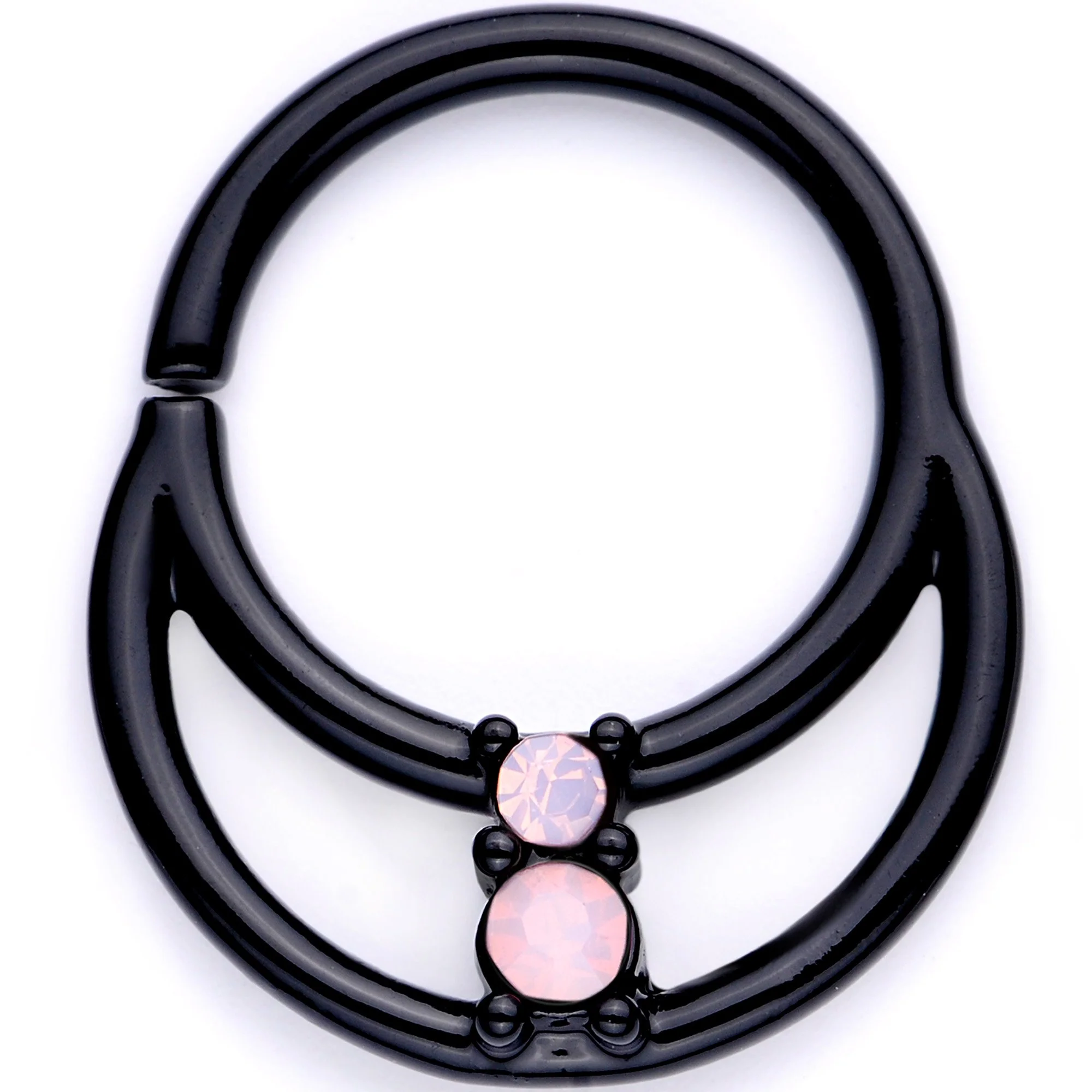 16G 3/8 Pink Faux Opal Black Anodized Horseshoe Closure Ring Set - Image 3