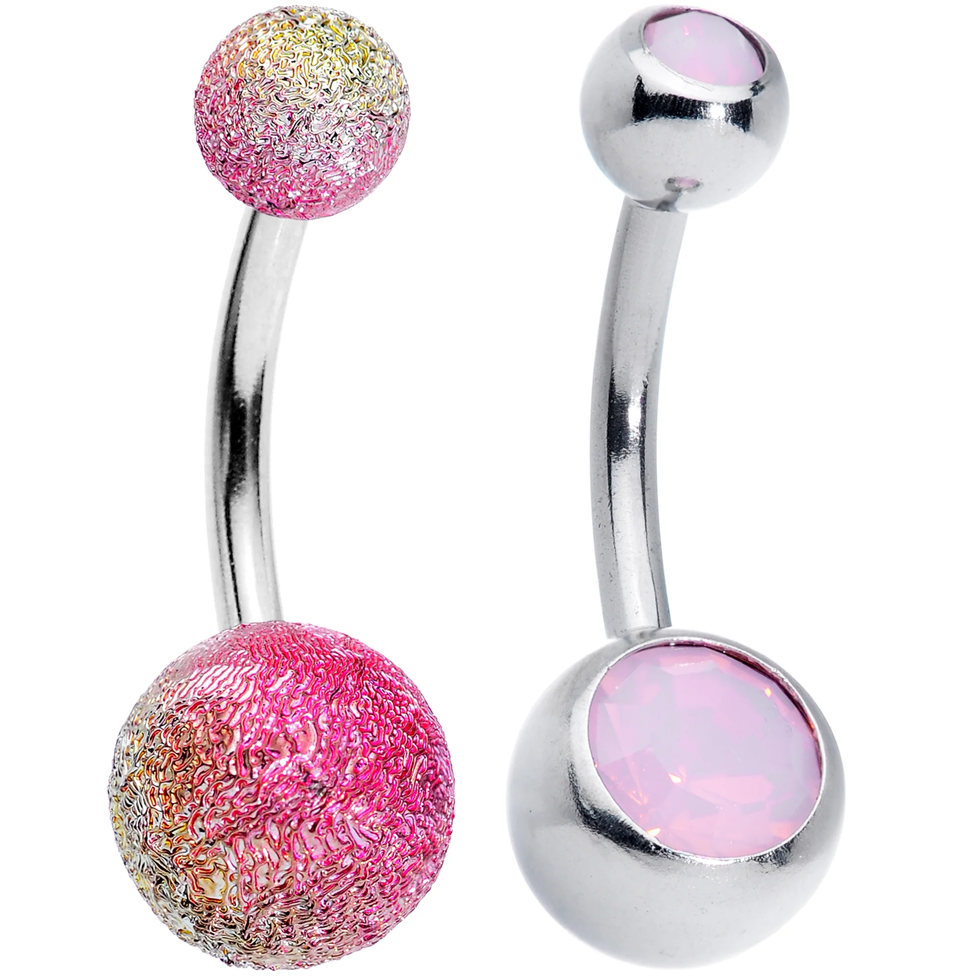 Pink Faux Opal Clear Gem Pink Sandblast Flower Belly Ring Set of 4 - Image 4