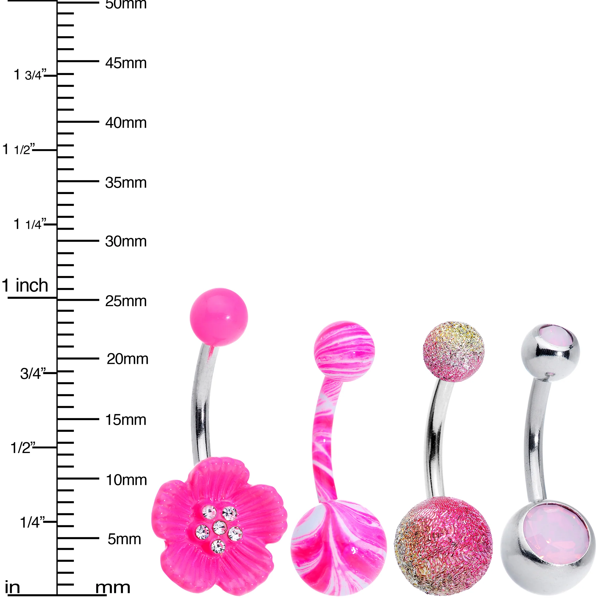 Pink Faux Opal Clear Gem Pink Sandblast Flower Belly Ring Set of 4 - Image 5