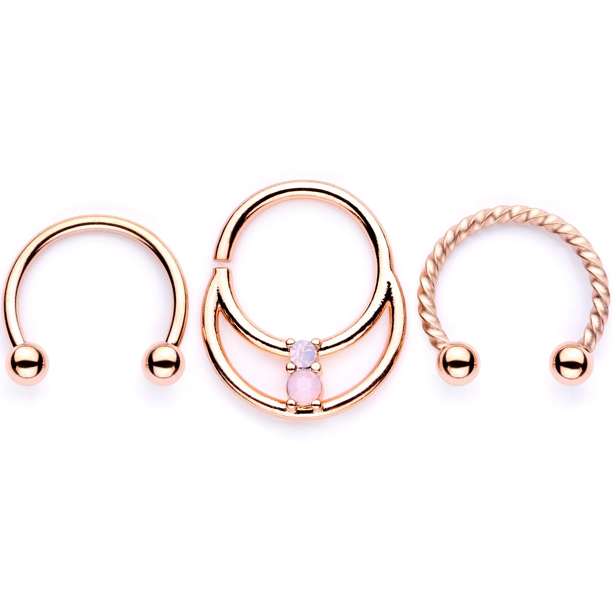 16G 3/8 Pink Faux Opal Rose Gold Tone Horseshoe Closure Ring Set - Image 2