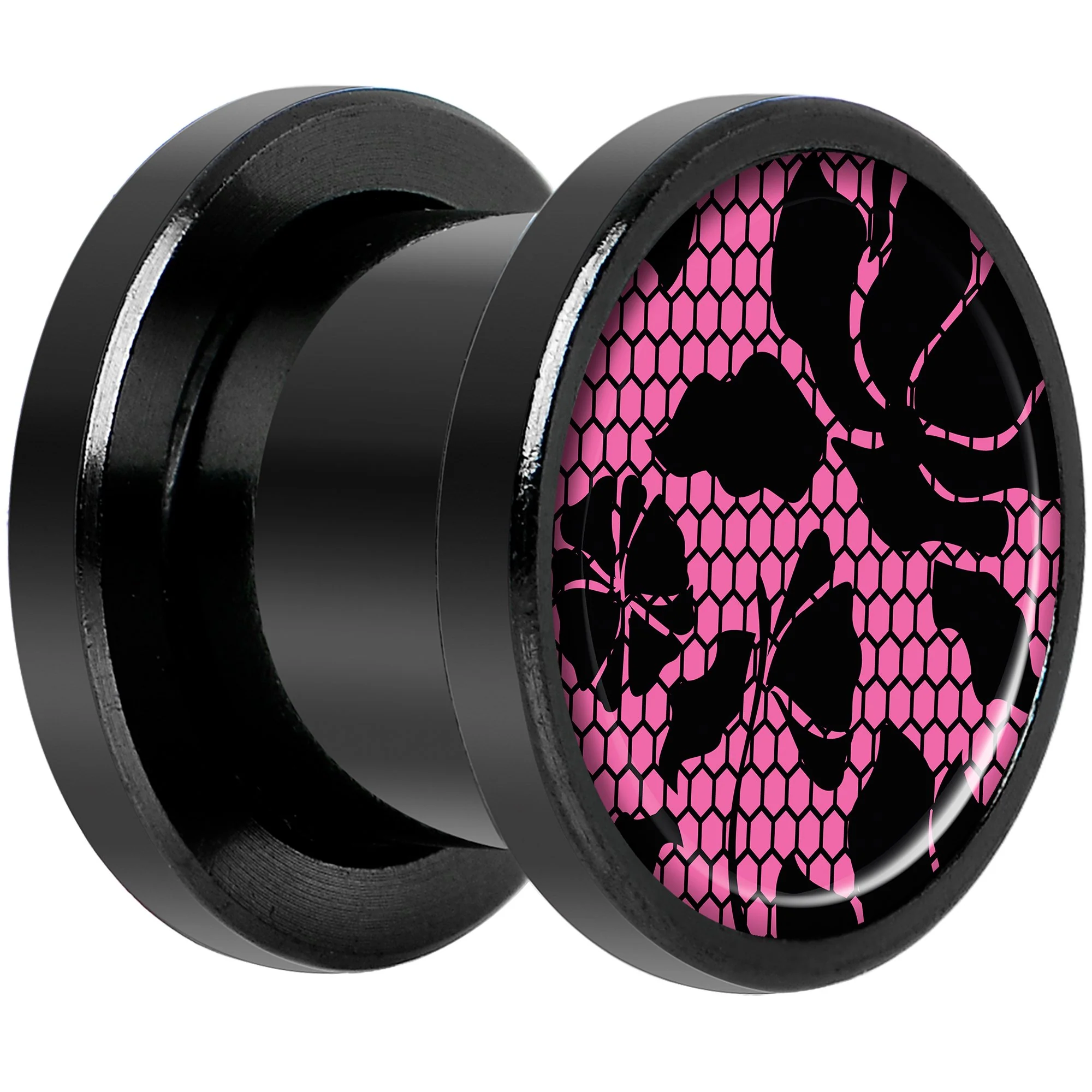 Pink Floral Lace Black Anodized Screw Fit Plug Set 00G - Image 2