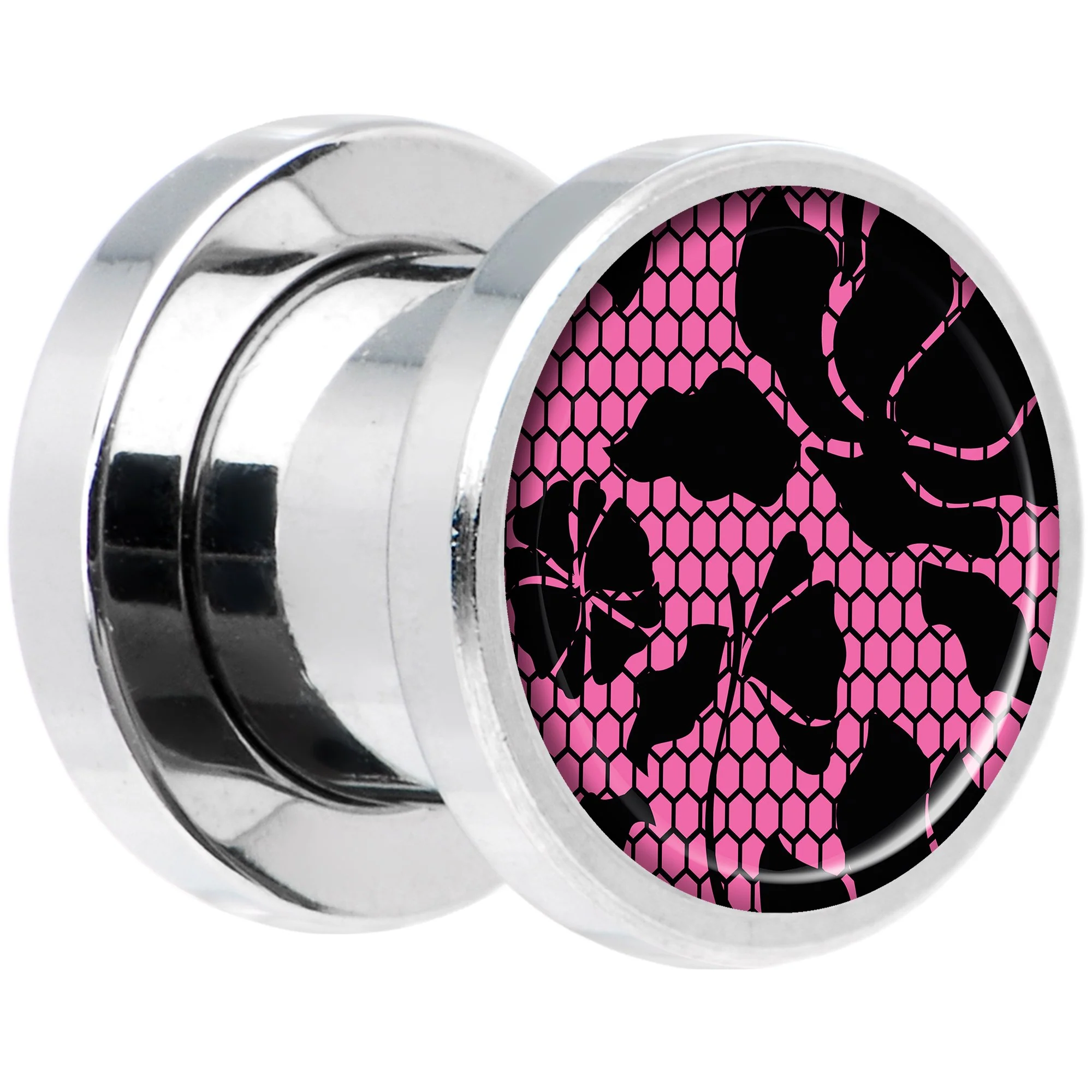 Pink Floral Lace Steel Screw Fit Plug Set 0G - Image 2