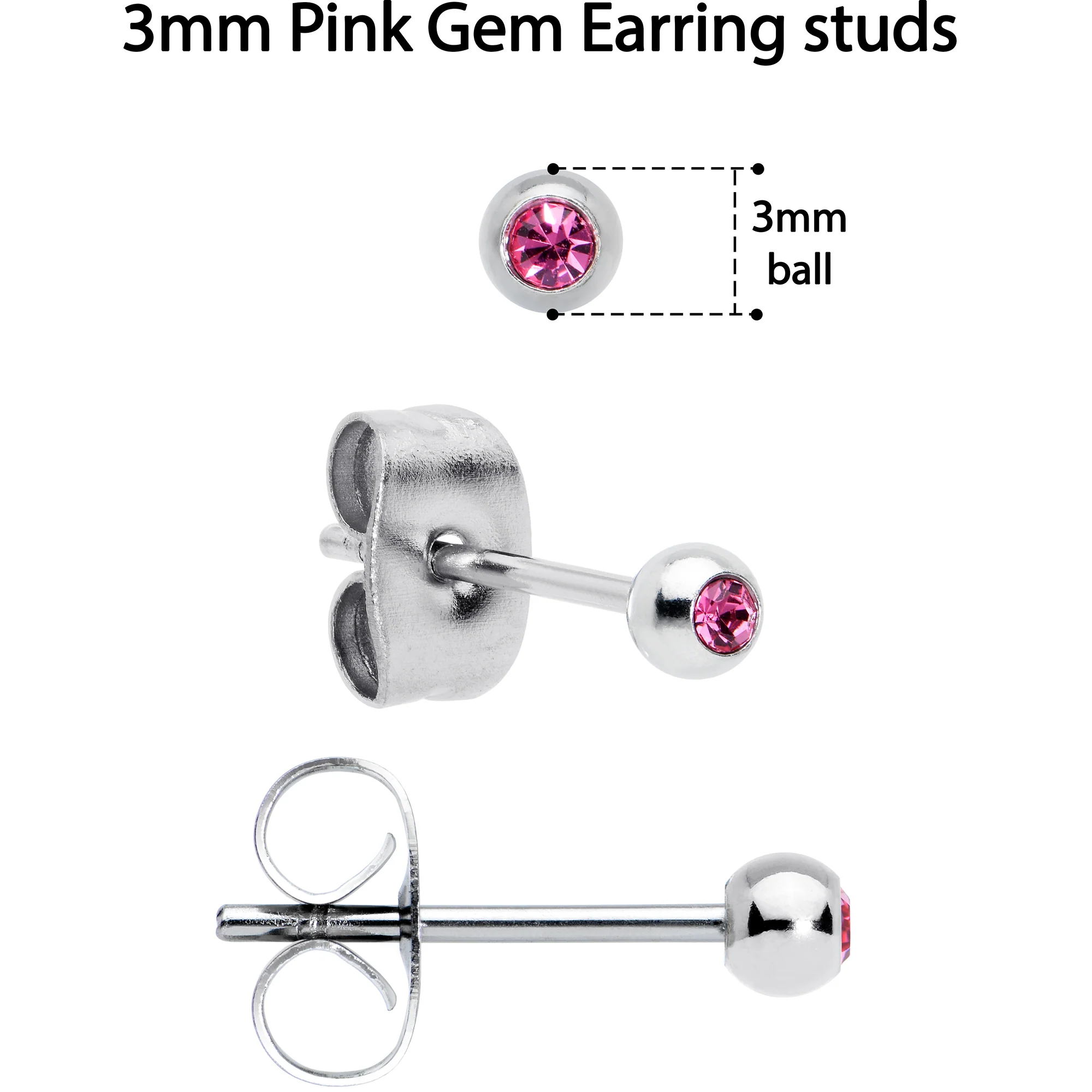 Pink Gem 3mm to 5mm Ball End Stud Earrings Set of 3 - Image 4
