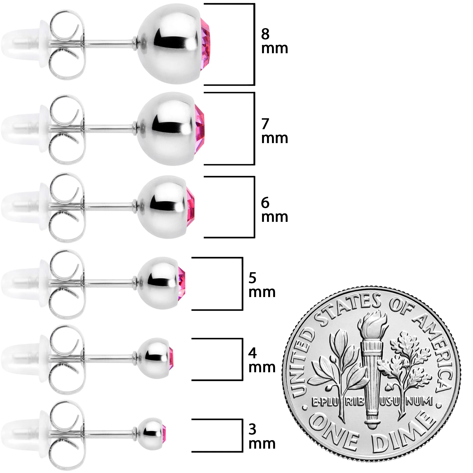 Pink Gem 3mm to 8mm Ball End Stud Earrings Set of 6 - Image 8