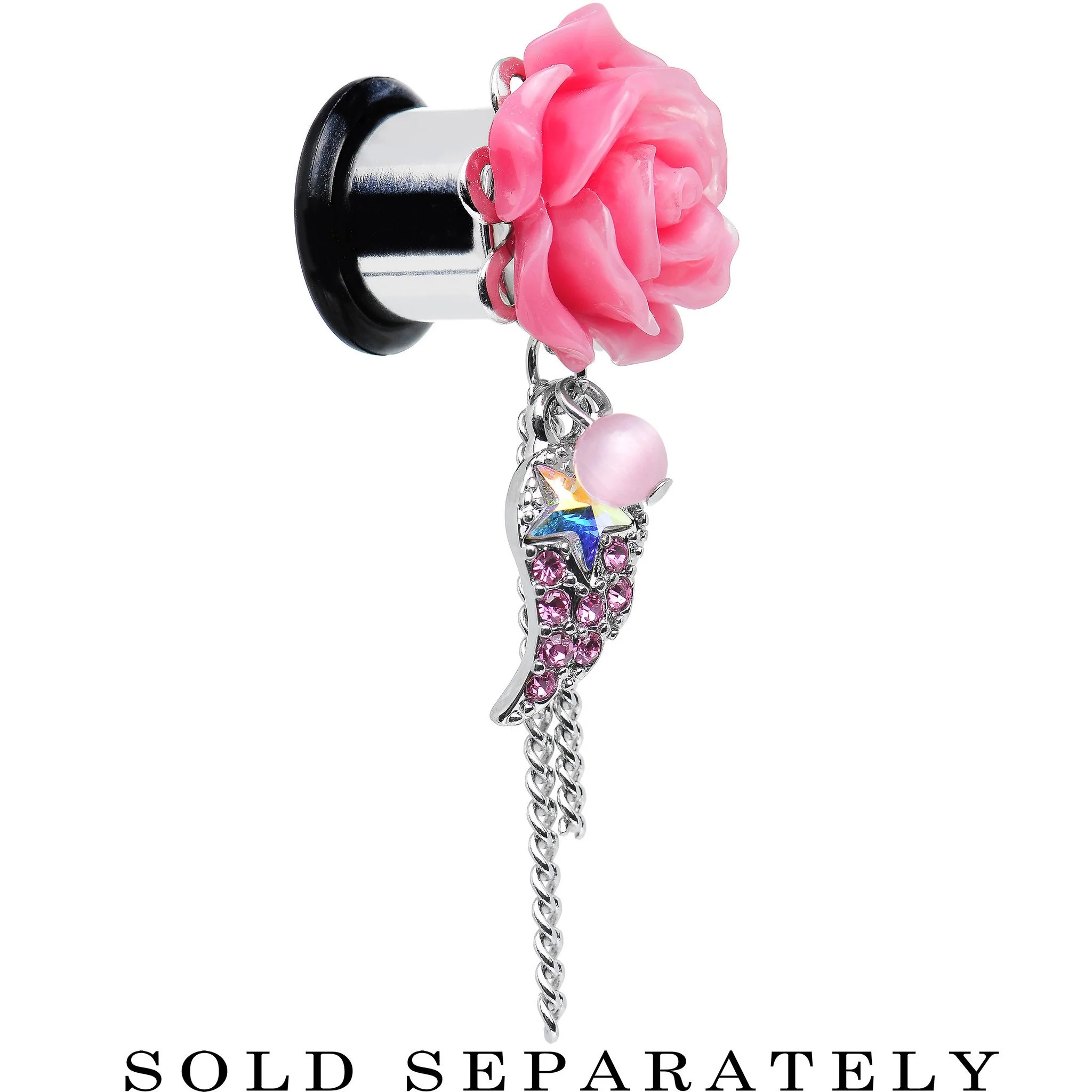 Pink Gem Angel Wing and Pink Rose Flower Single Flare Dangle Plug Sizes 0G to 16mm - Image 3