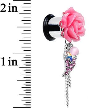 Pink Gem Angel Wing and Pink Rose Flower Single Flare Dangle Plug Sizes 0G to 16mm - Image 4