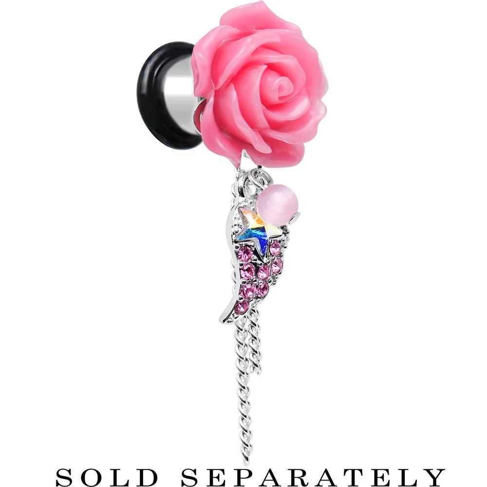 Pink Gem Angel Wing and Pink Rose Flower Single Flare Dangle Plug Sizes 0G to 16mm - Image 5