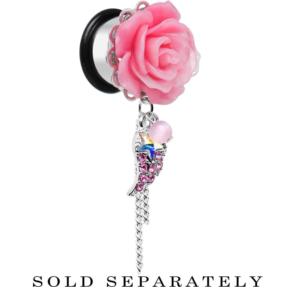 Pink Gem Angel Wing and Pink Rose Flower Single Flare Dangle Plug Sizes 0G to 16mm - Image 7