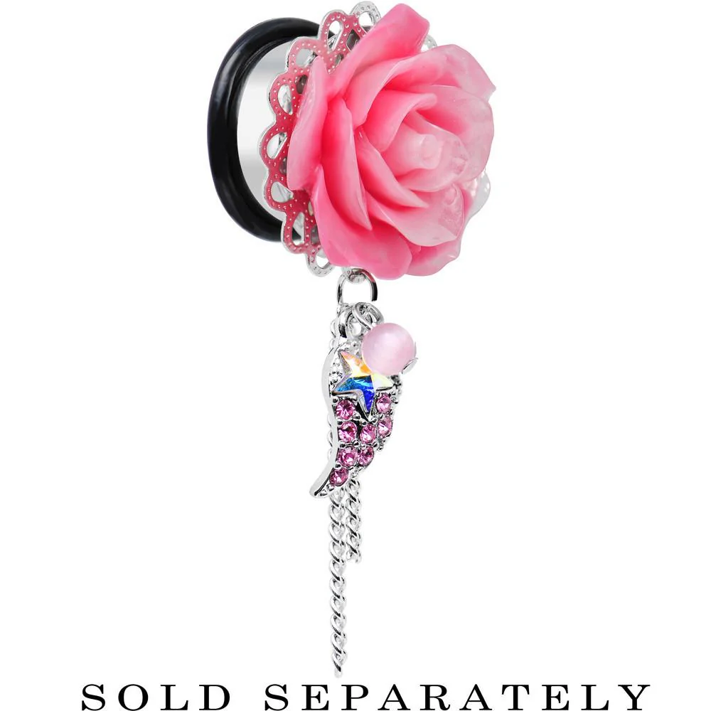 Pink Gem Angel Wing and Pink Rose Flower Single Flare Dangle Plug Sizes 0G to 16mm - Image 8
