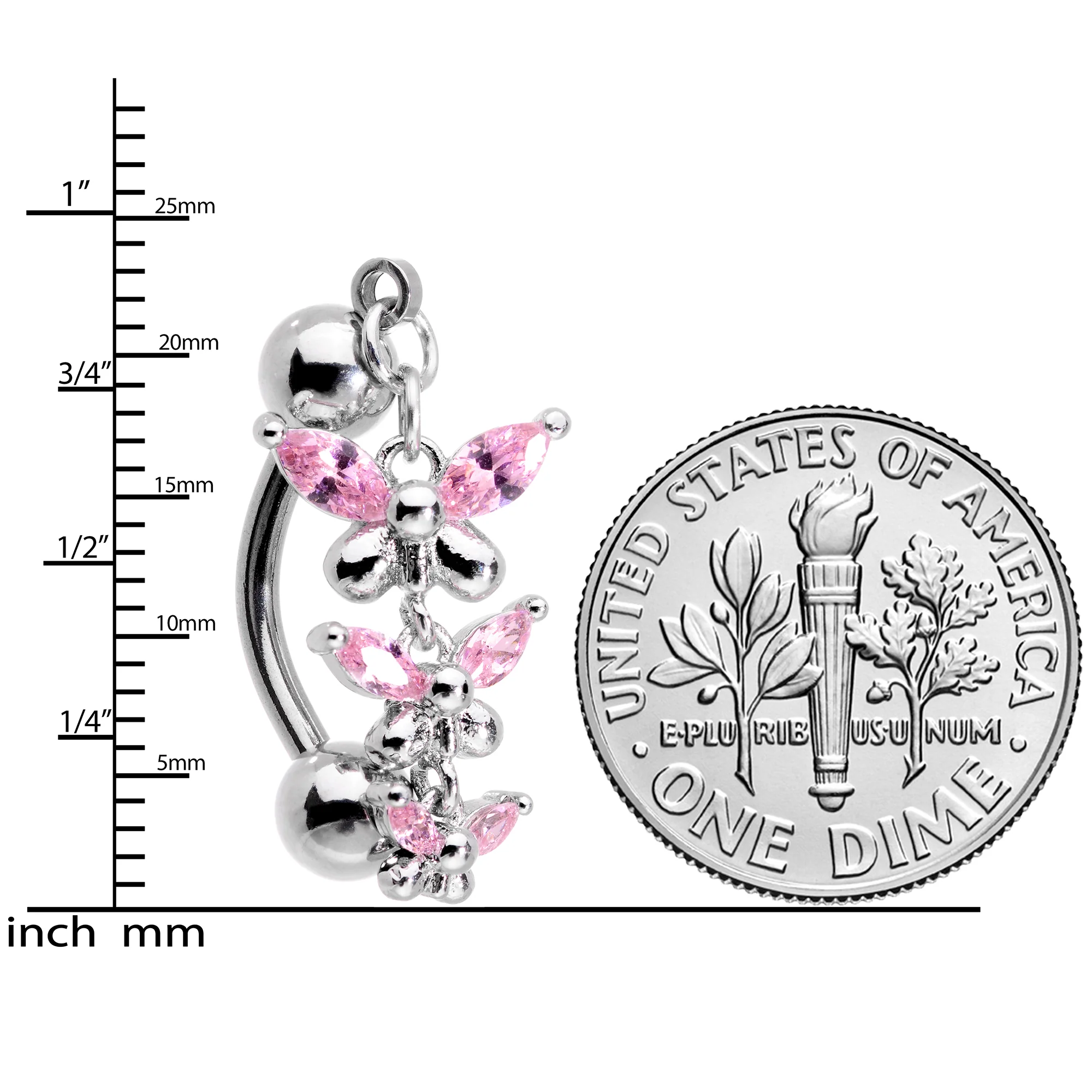 Pink Gem Band of Butterflies Top Mount Dangle Belly Ring - Image 2