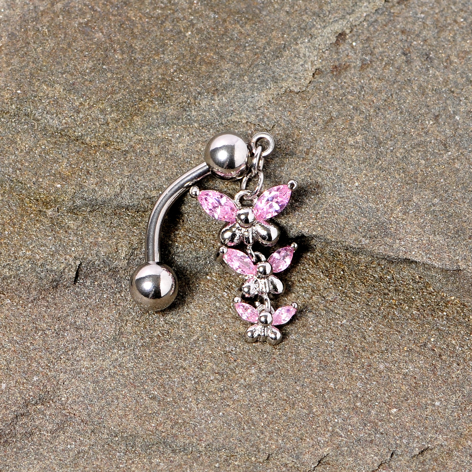 Pink Gem Band of Butterflies Top Mount Dangle Belly Ring - Image 3