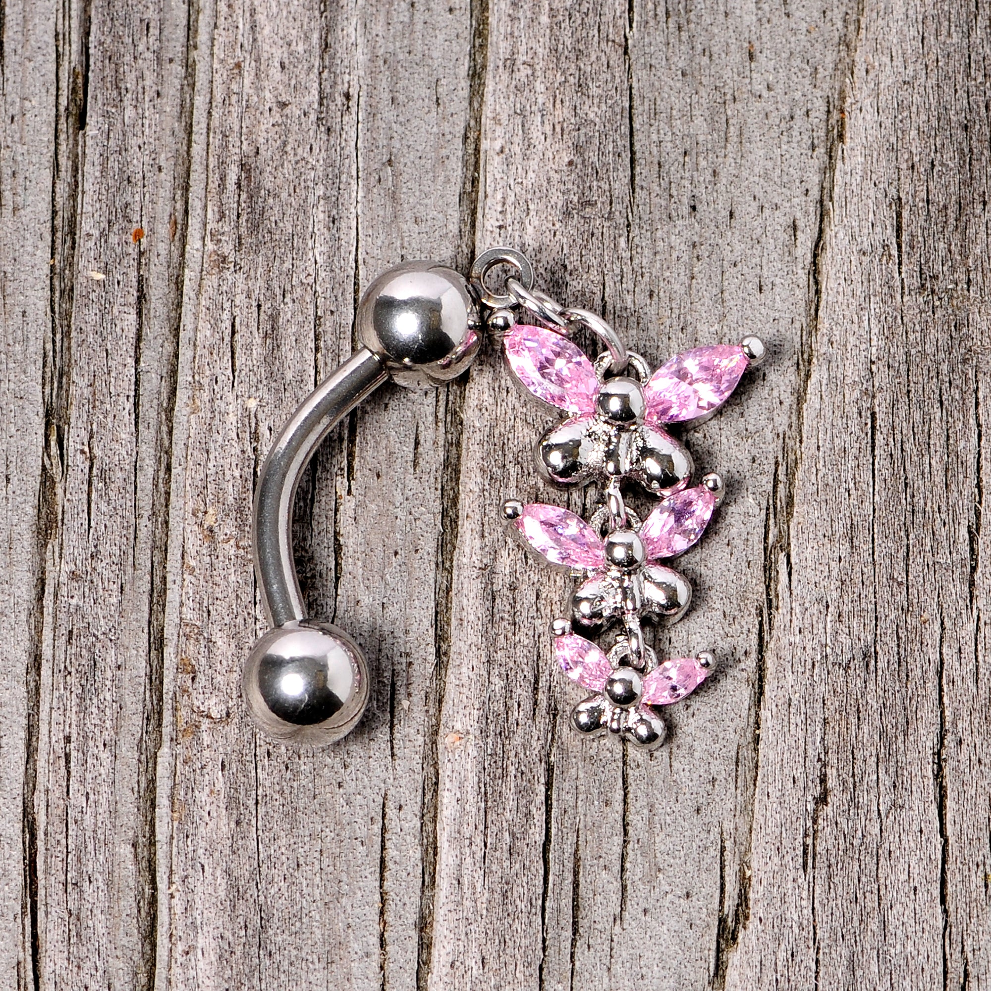 Pink Gem Band of Butterflies Top Mount Dangle Belly Ring - Image 4