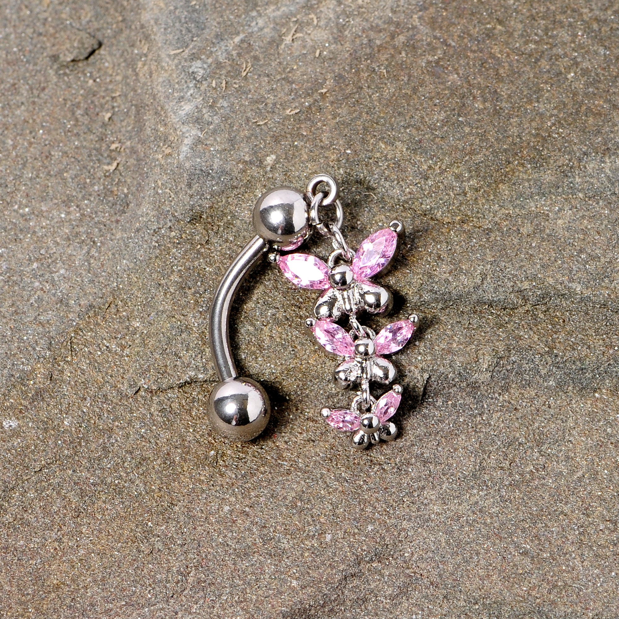 Pink Gem Band of Butterflies Top Mount Dangle Belly Ring - Image 5