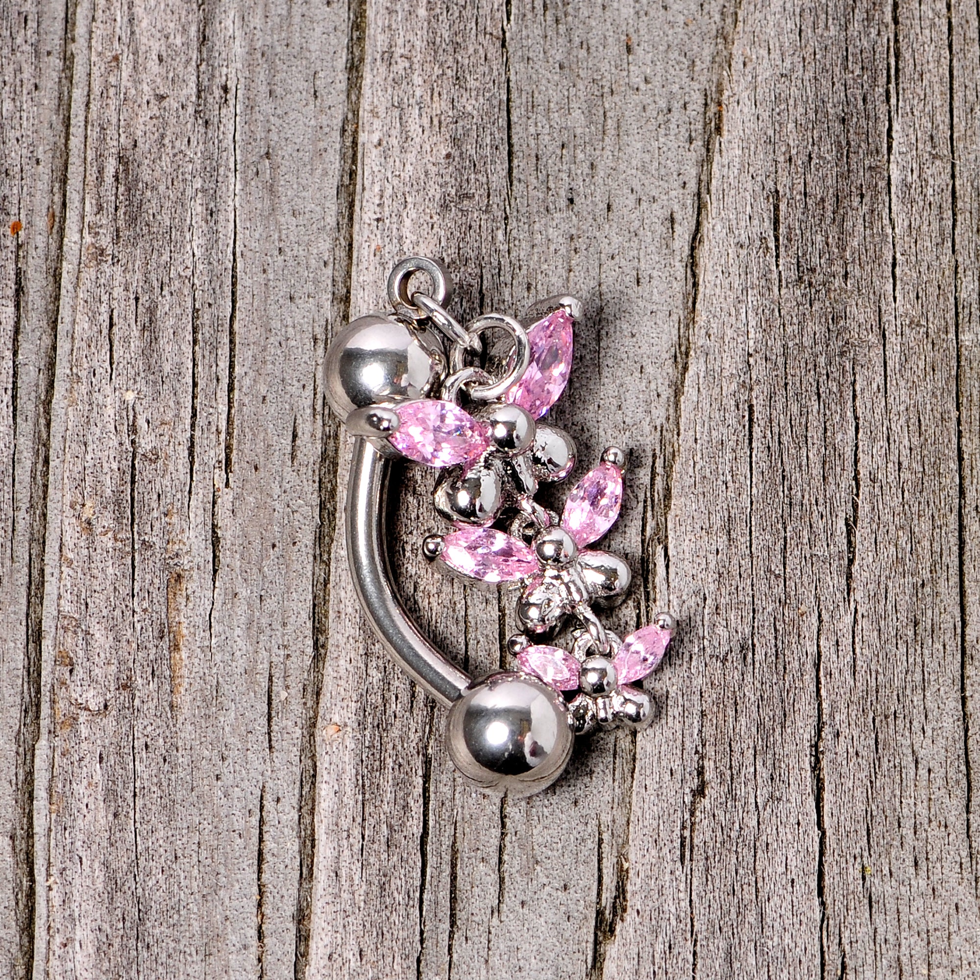 Pink Gem Band of Butterflies Top Mount Dangle Belly Ring - Image 6