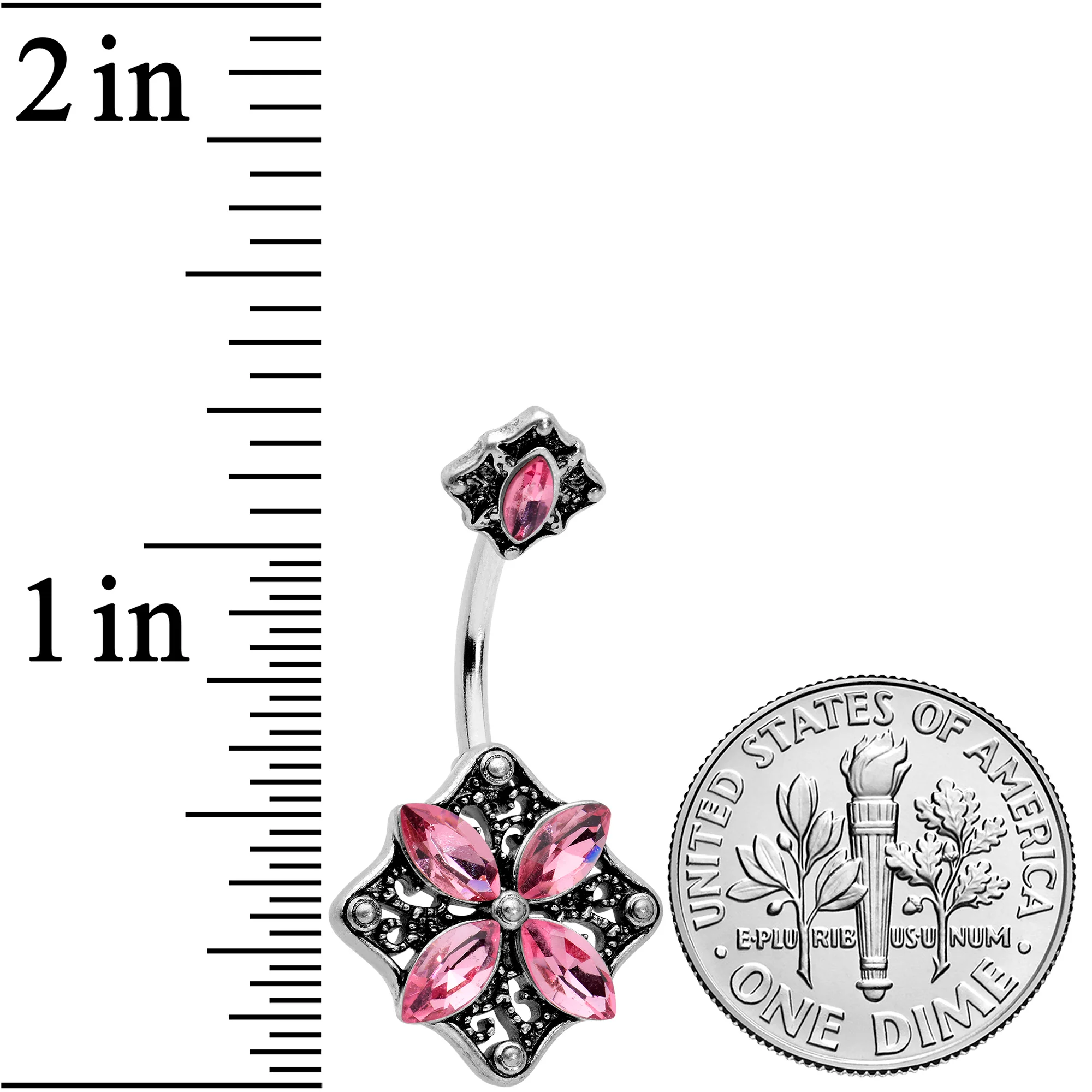 Pink Gem Baroque Rhombus Flower Double Mount Belly Ring - Image 2