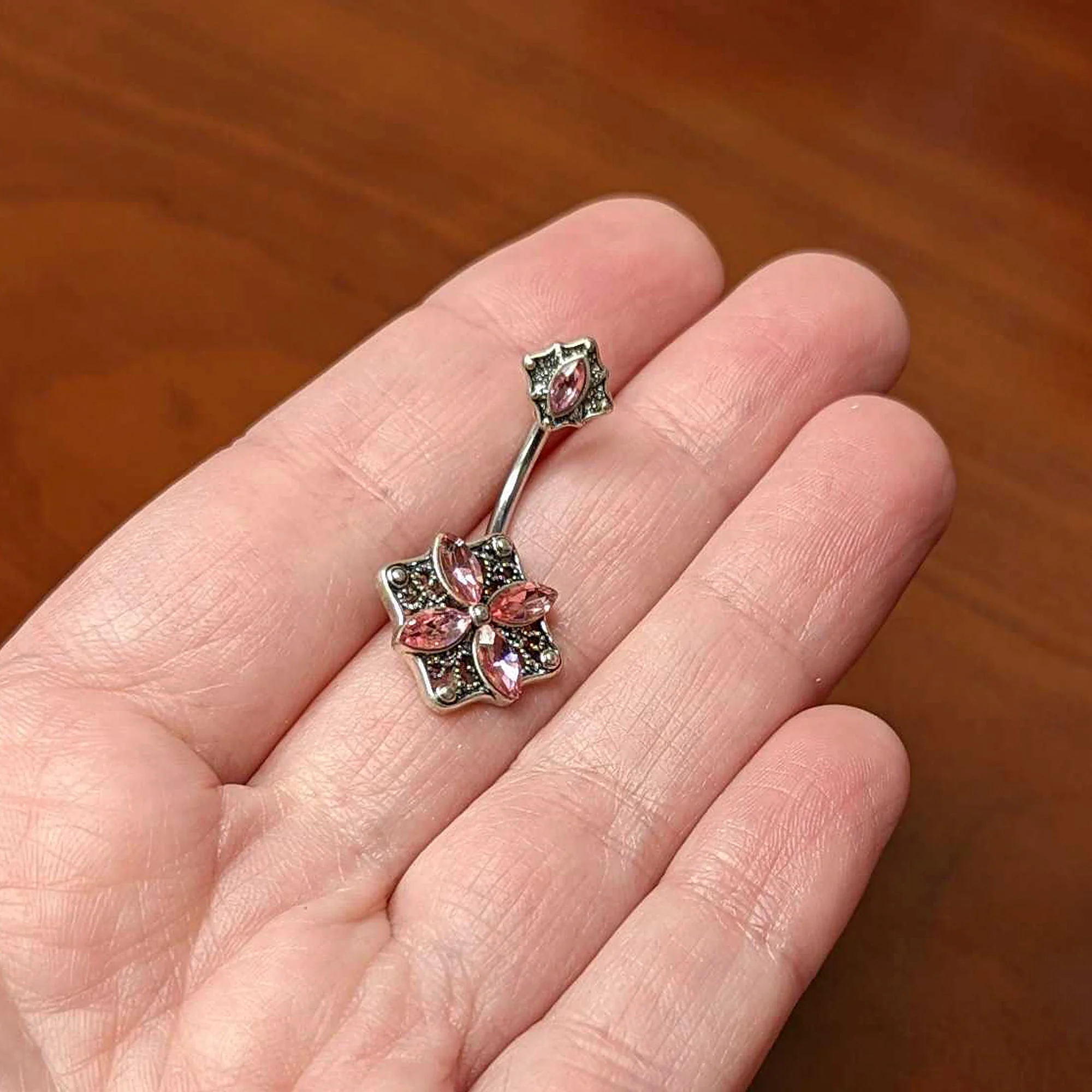 Pink Gem Baroque Rhombus Flower Double Mount Belly Ring - Image 3