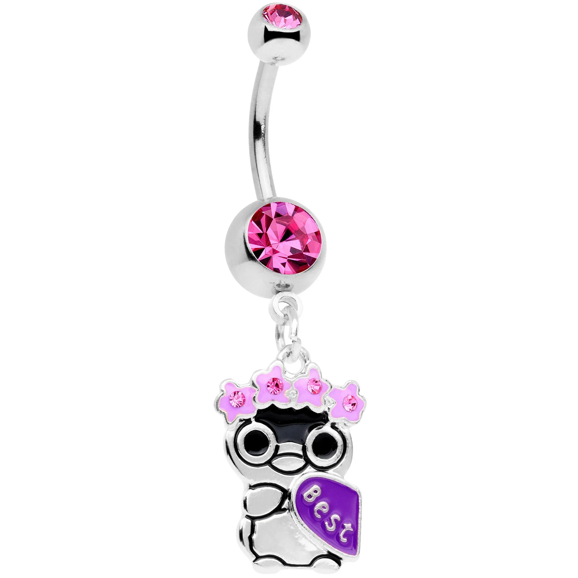 Pink Gem BFF Penguins Dangle Belly Ring Set - Image 2