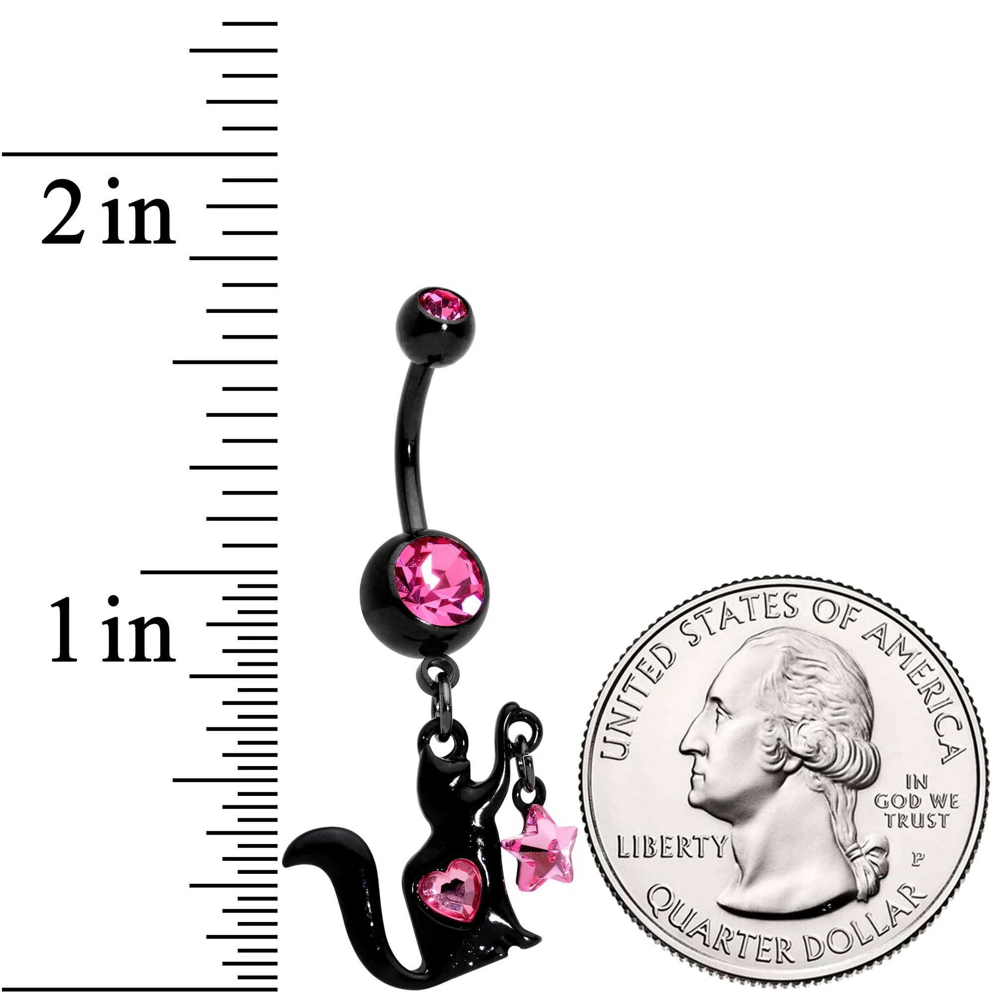 Pink Gem Black Plated Kitty Cat Loves Stars Dangle Belly Ring - Image 2