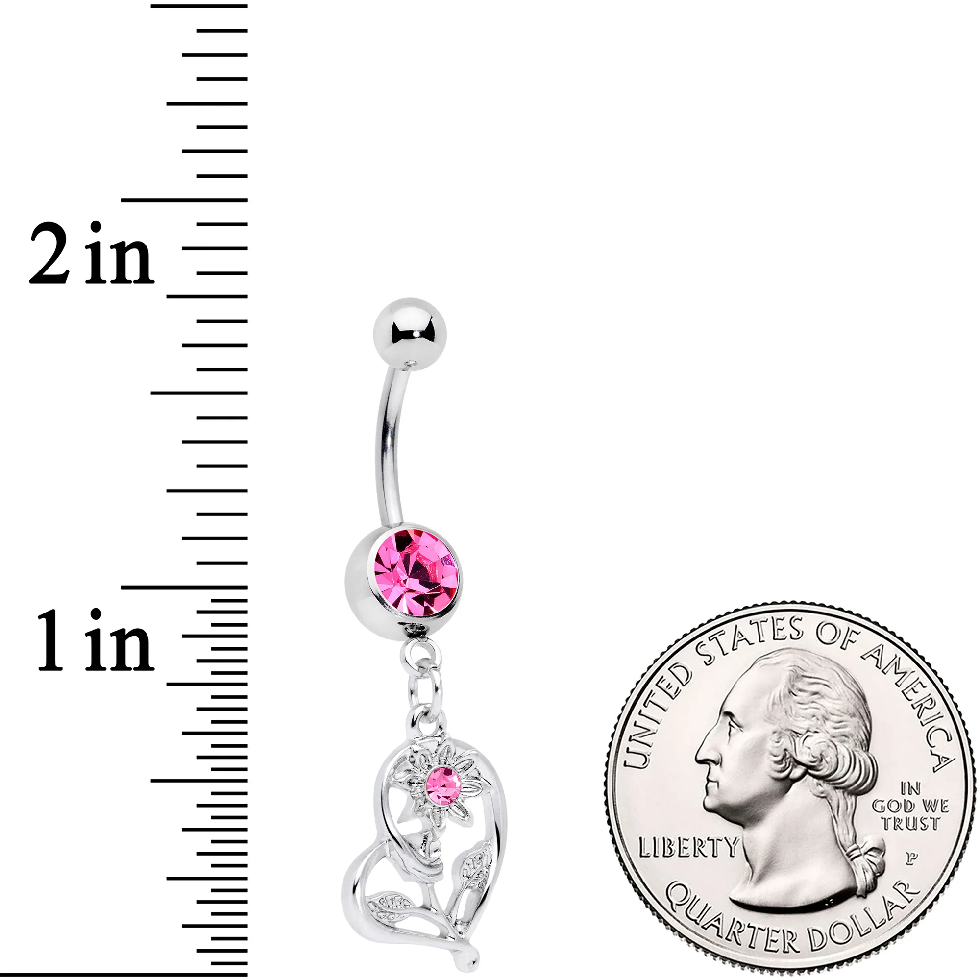 Pink Gem Blossoming Heart Flower Dangle Belly Ring - Image 2