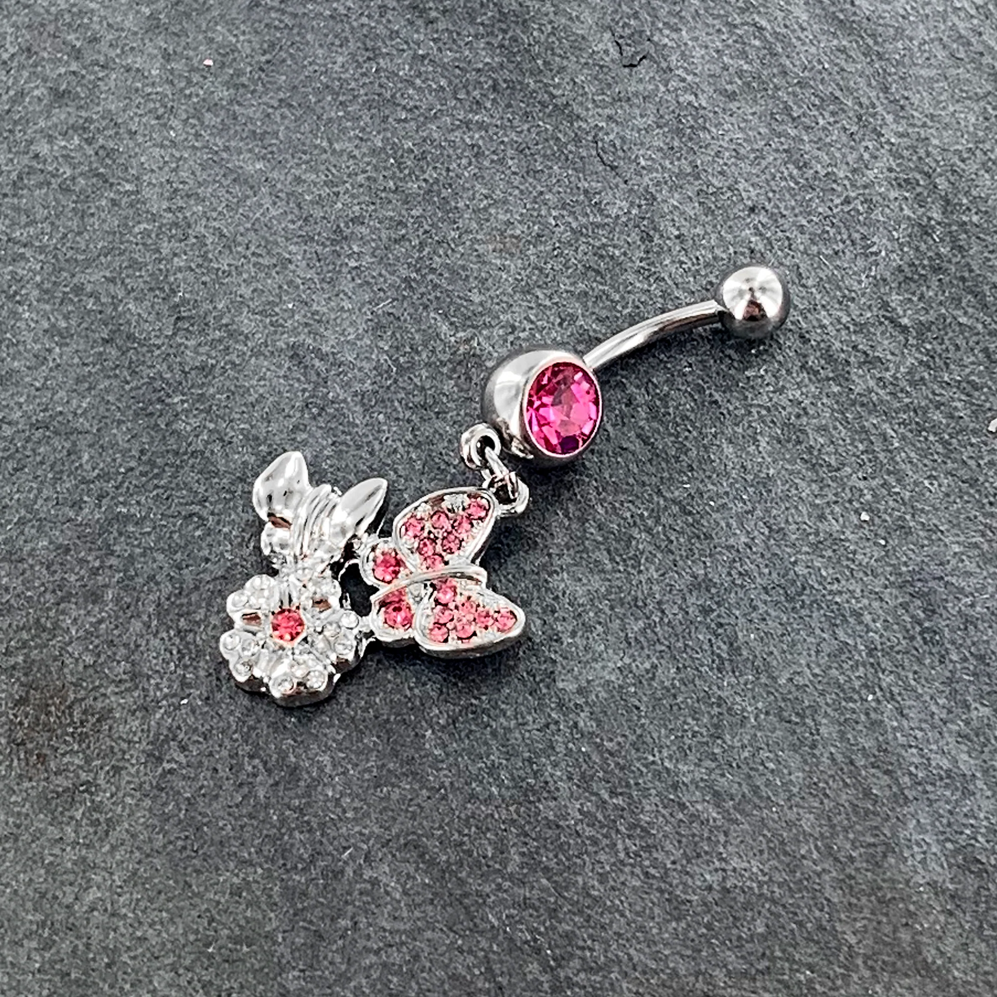 Pink Gem Butterflies Tiny Flower Dangle Belly Ring - Image 2