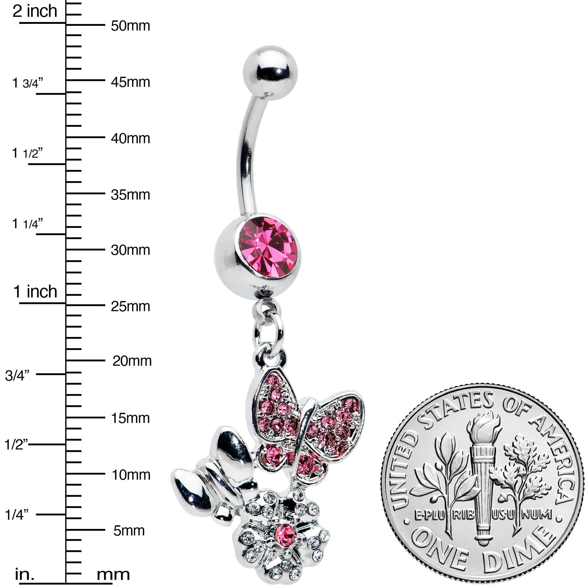Pink Gem Butterflies Tiny Flower Dangle Belly Ring - Image 3