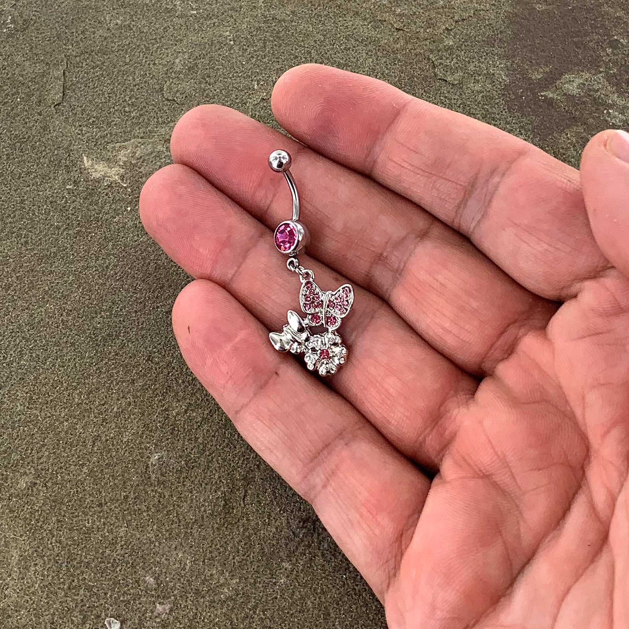 Pink Gem Butterflies Tiny Flower Dangle Belly Ring - Image 5
