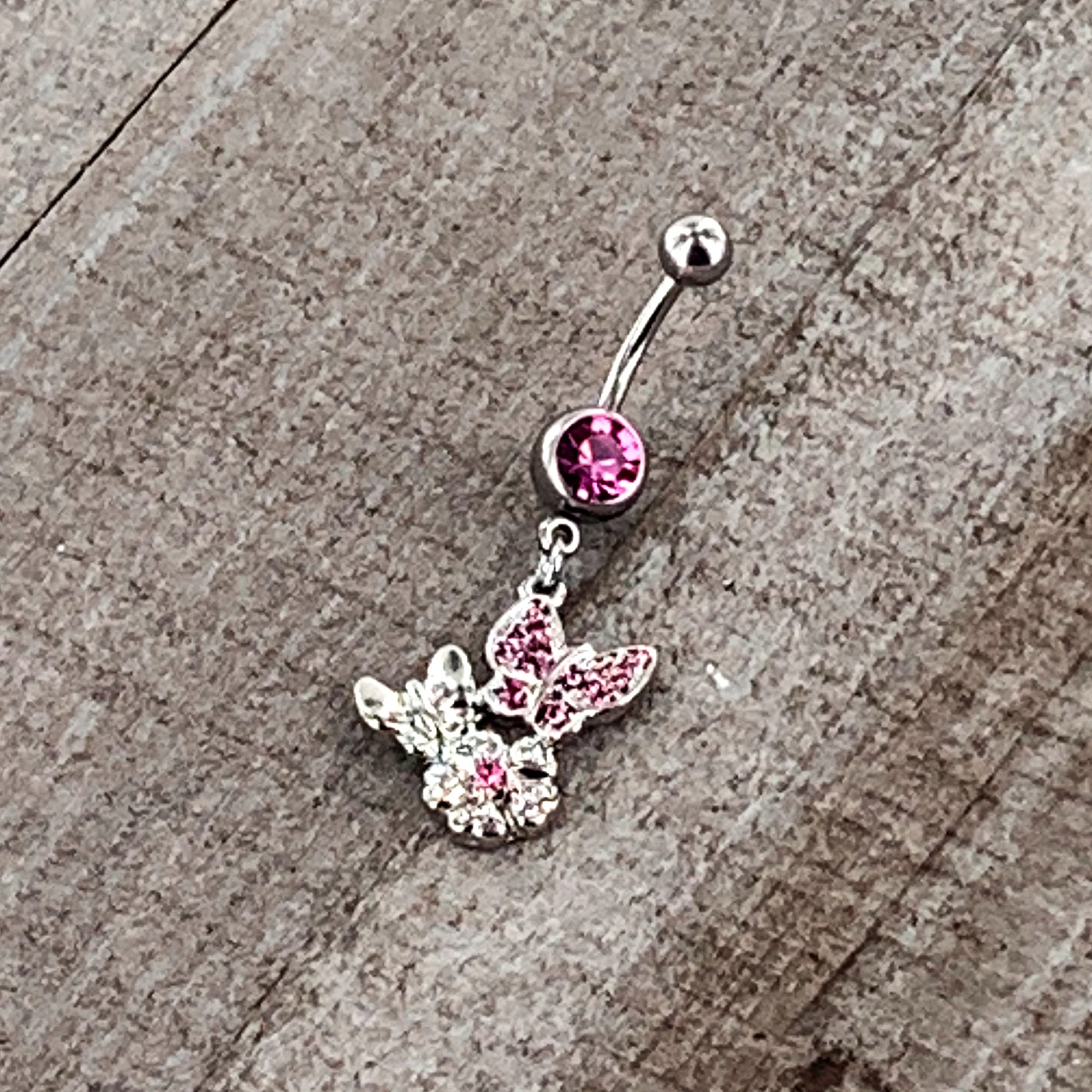 Pink Gem Butterflies Tiny Flower Dangle Belly Ring - Image 8