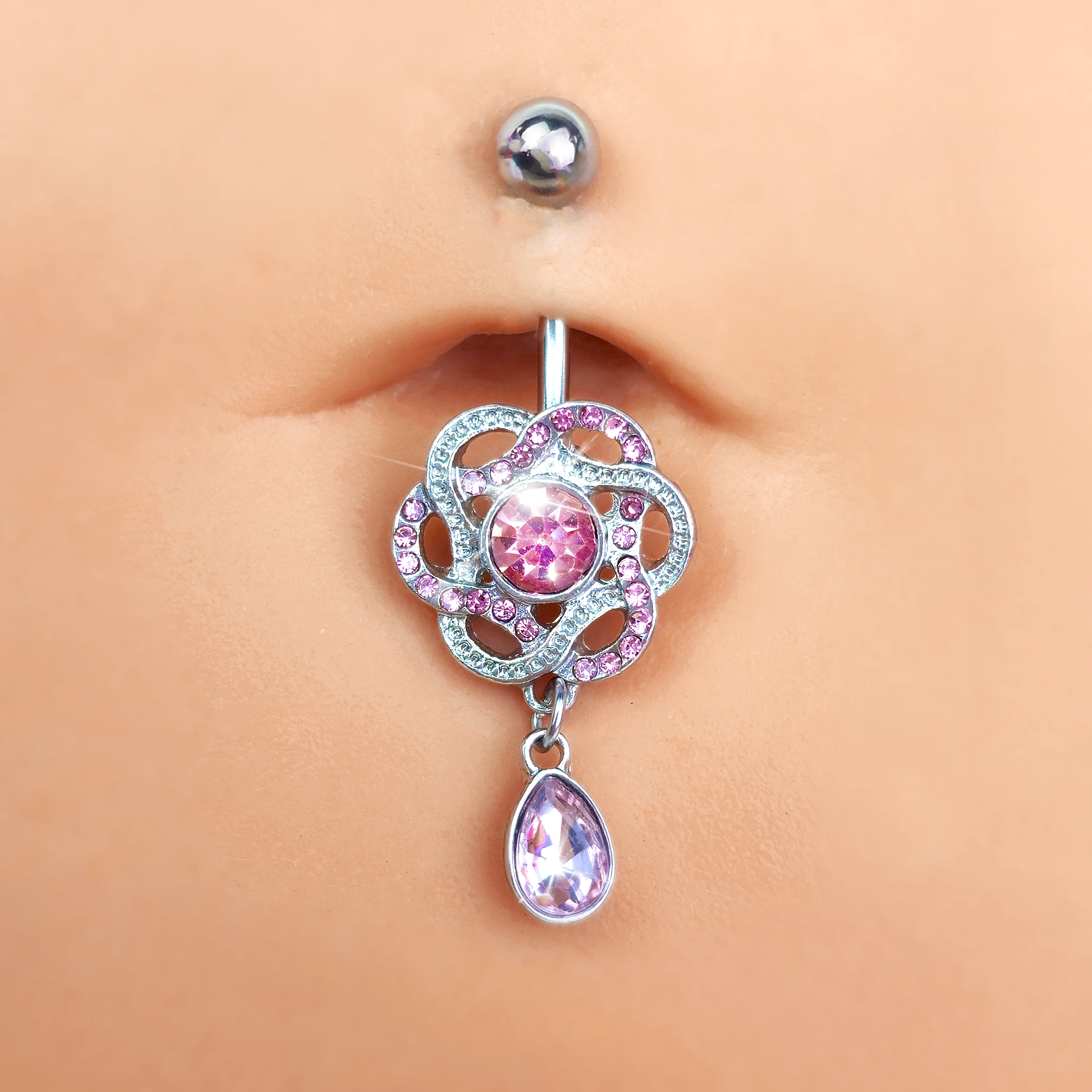 Pink Gem Celtic Knot Elegance Dangle Belly Ring - Image 2
