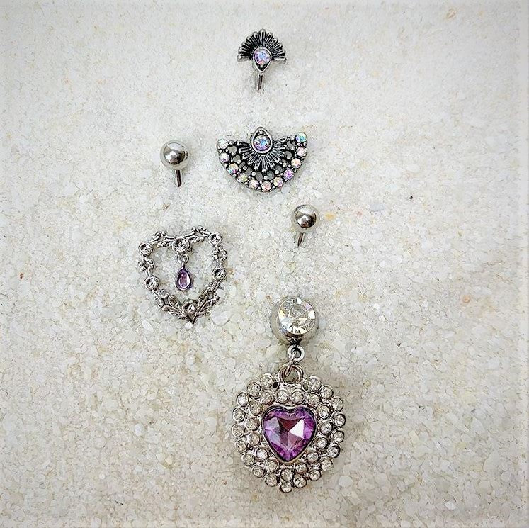 Pink Gem Dangle Floral Heart Belly Ring - Image 2