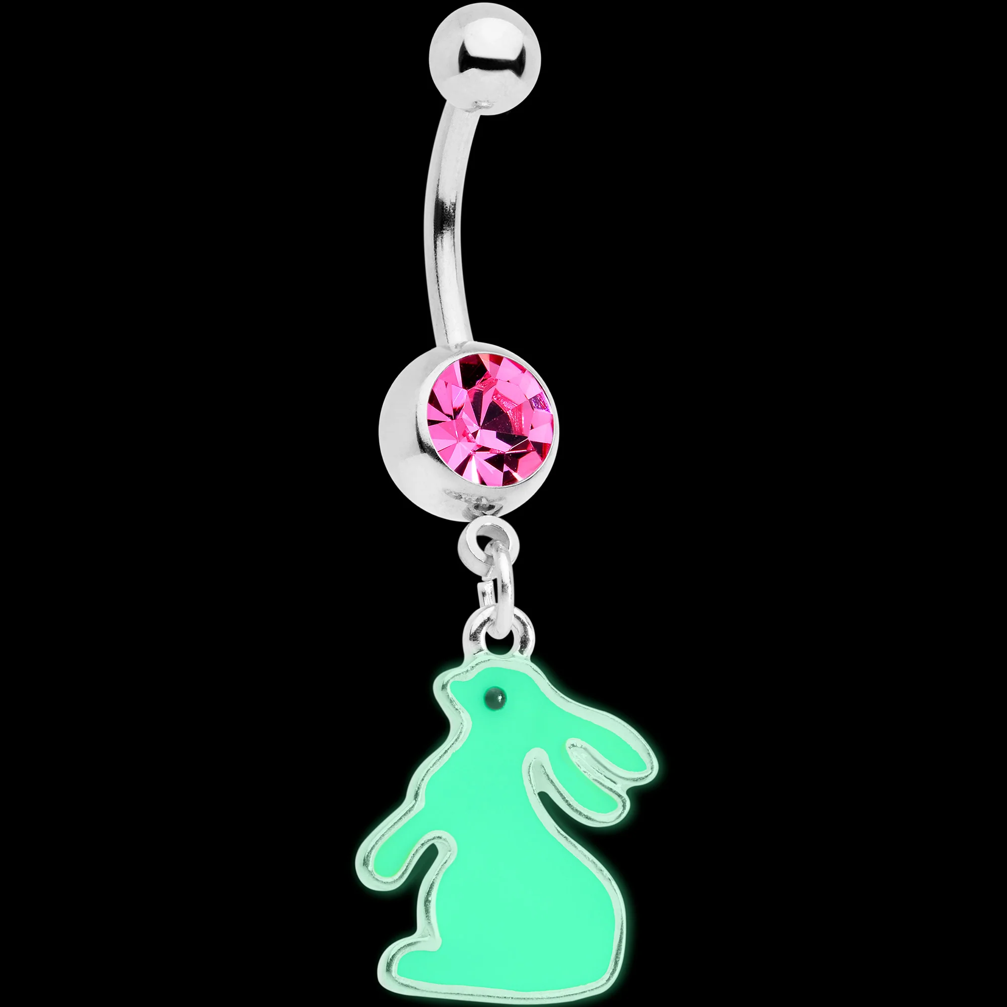 Pink Gem Easter Bunny Glow in the Dark Dangle Belly Ring - Image 2