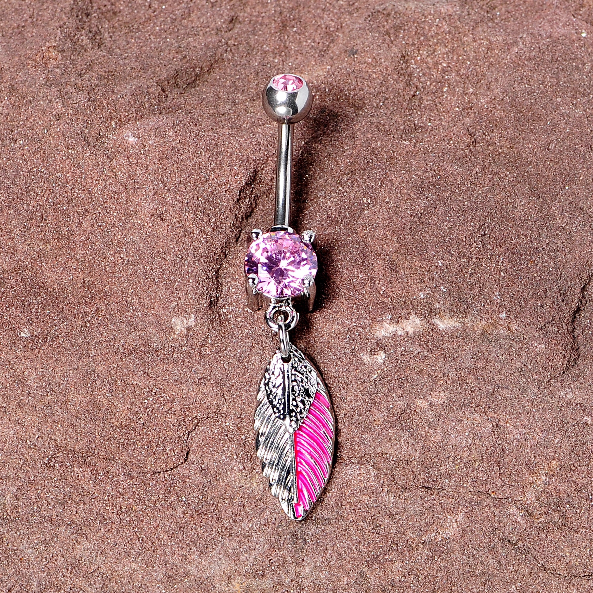 Pink Gem Feathers Southwestern Dangle Belly Ring - Image 2