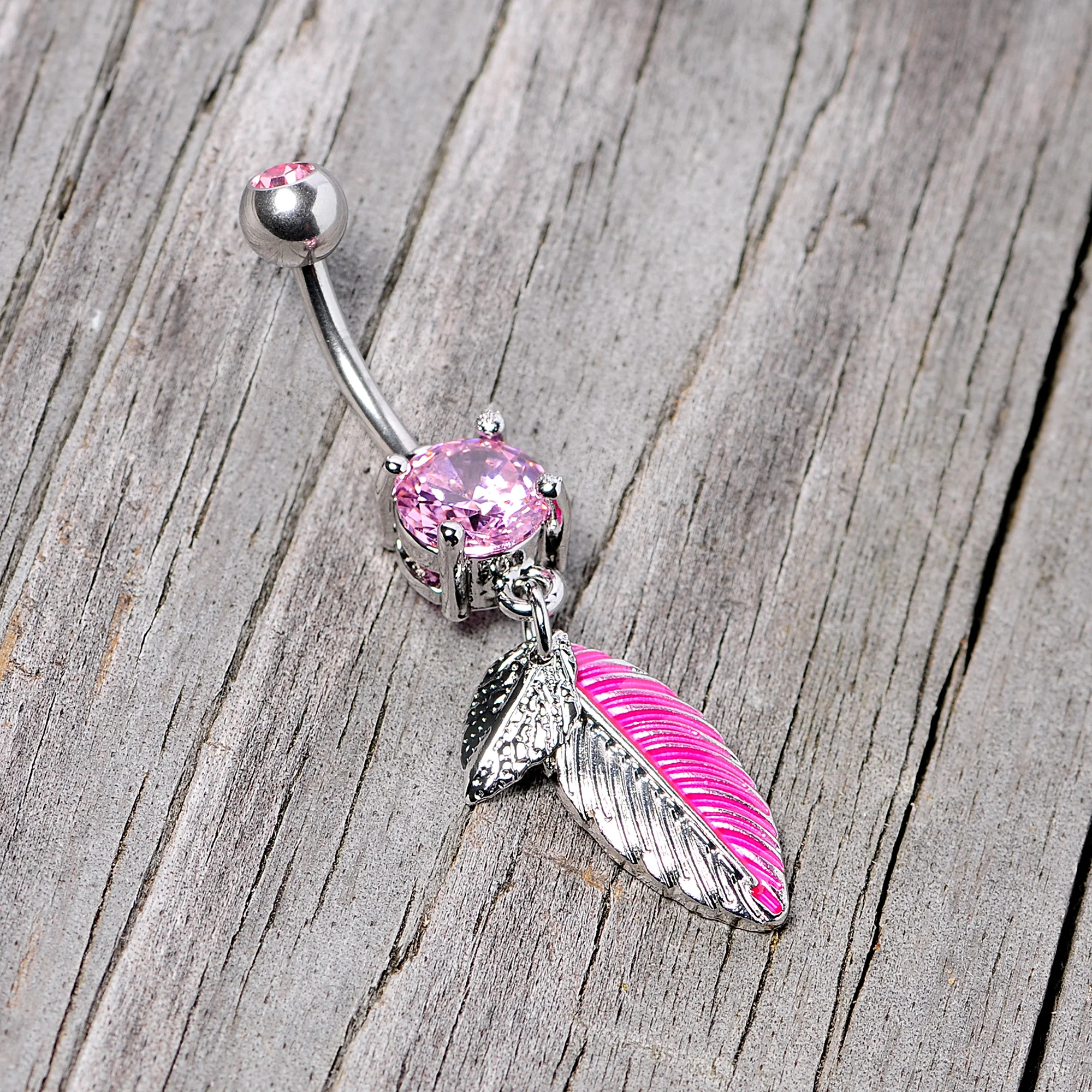 Pink Gem Feathers Southwestern Dangle Belly Ring - Image 3
