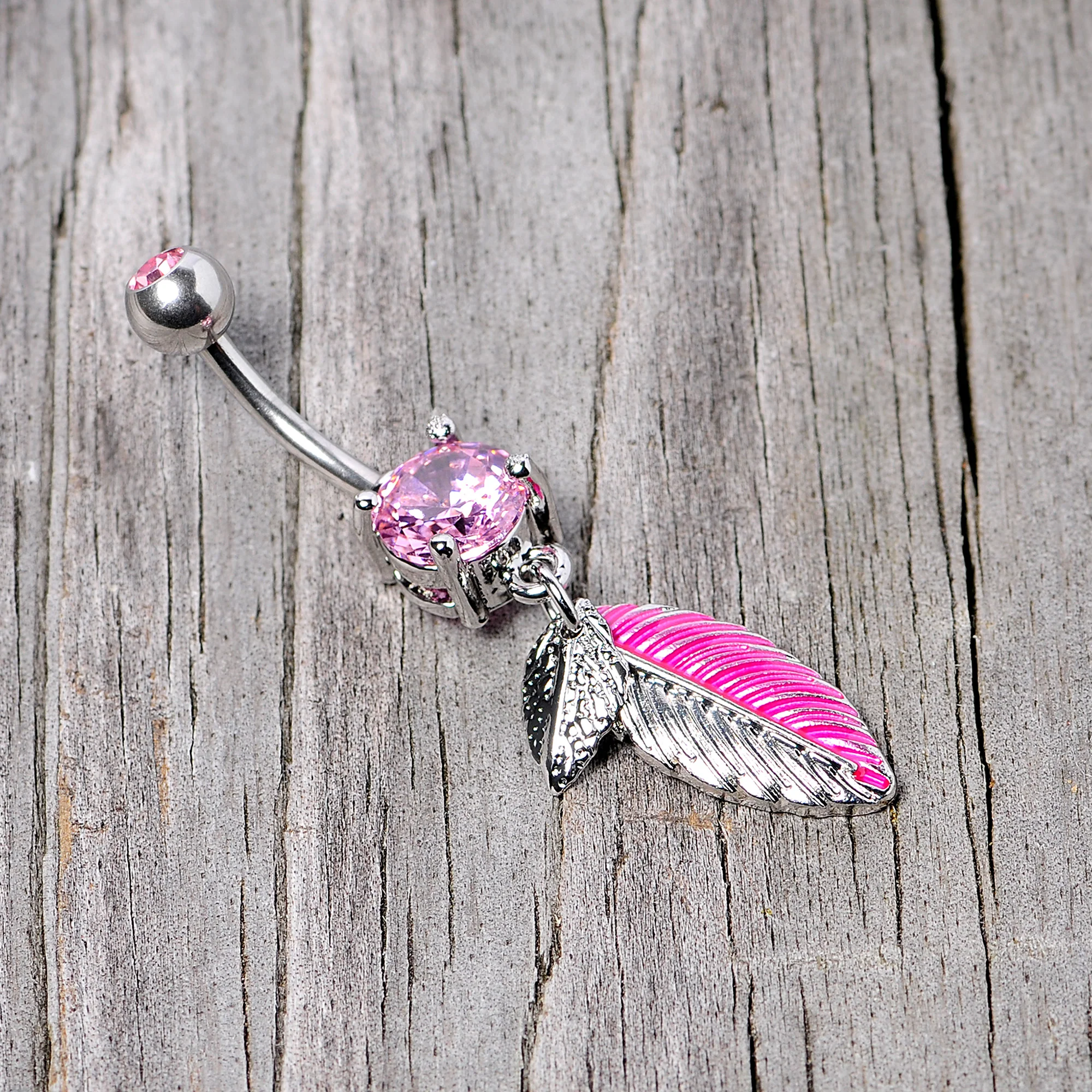 Pink Gem Feathers Southwestern Dangle Belly Ring - Image 4
